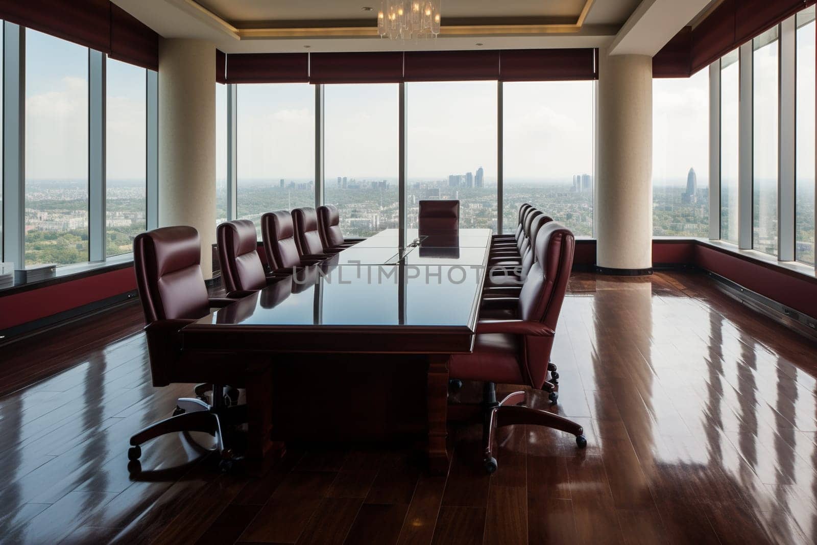 The power players of the business world gather in this sophisticated boardroom, where luxurious furnishings and stunning skyline views set the tone for high-stakes negotiations and strategic planning. Mahogany tables, leather chairs, and other deluxe details evoke an air of understated elegance. (generative AI)