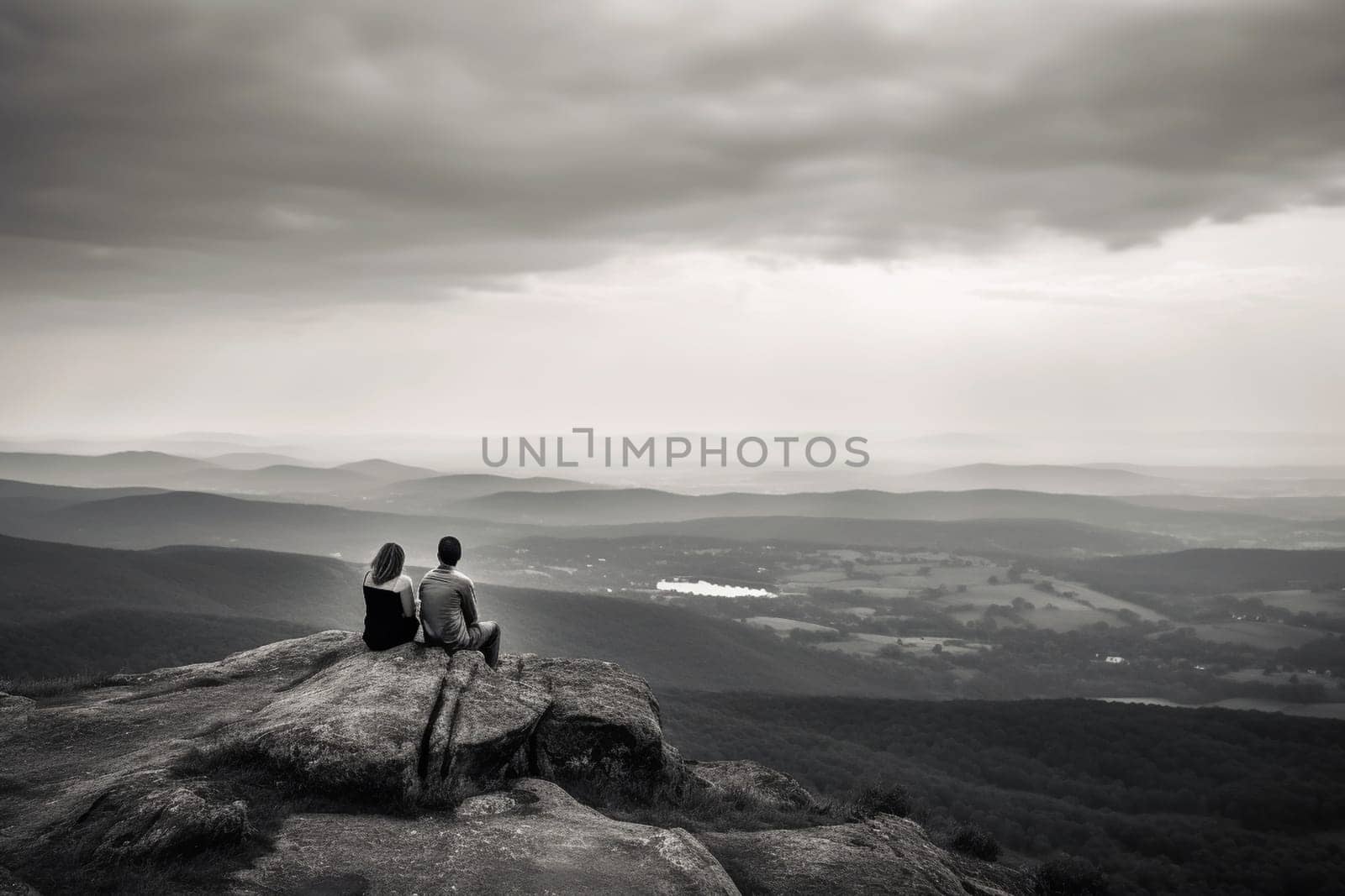 The couple sits together on the mountain peak, overlooking the beautiful landscape below. The majesty of the natural world is on full display, with the couple basking in the serene beauty of their surroundings. The monochrome adds to the romantic and peaceful aspect of the scene, creating a sense of unforgettable intimacy in the midst of vast, endless beauty. (generative AI)