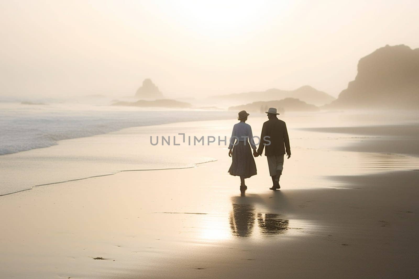 A couple walks hand in hand on a misty beach at dawn, their silhouette casting a soft glow on the sand. The mist creates a dreamy atmosphere, as if they are walking in a world of their own. The sound of the waves crashing on the shore adds to the serenity of the scene. This scene can evoke feelings of love, tranquility, and nostalgia. (generative AI)