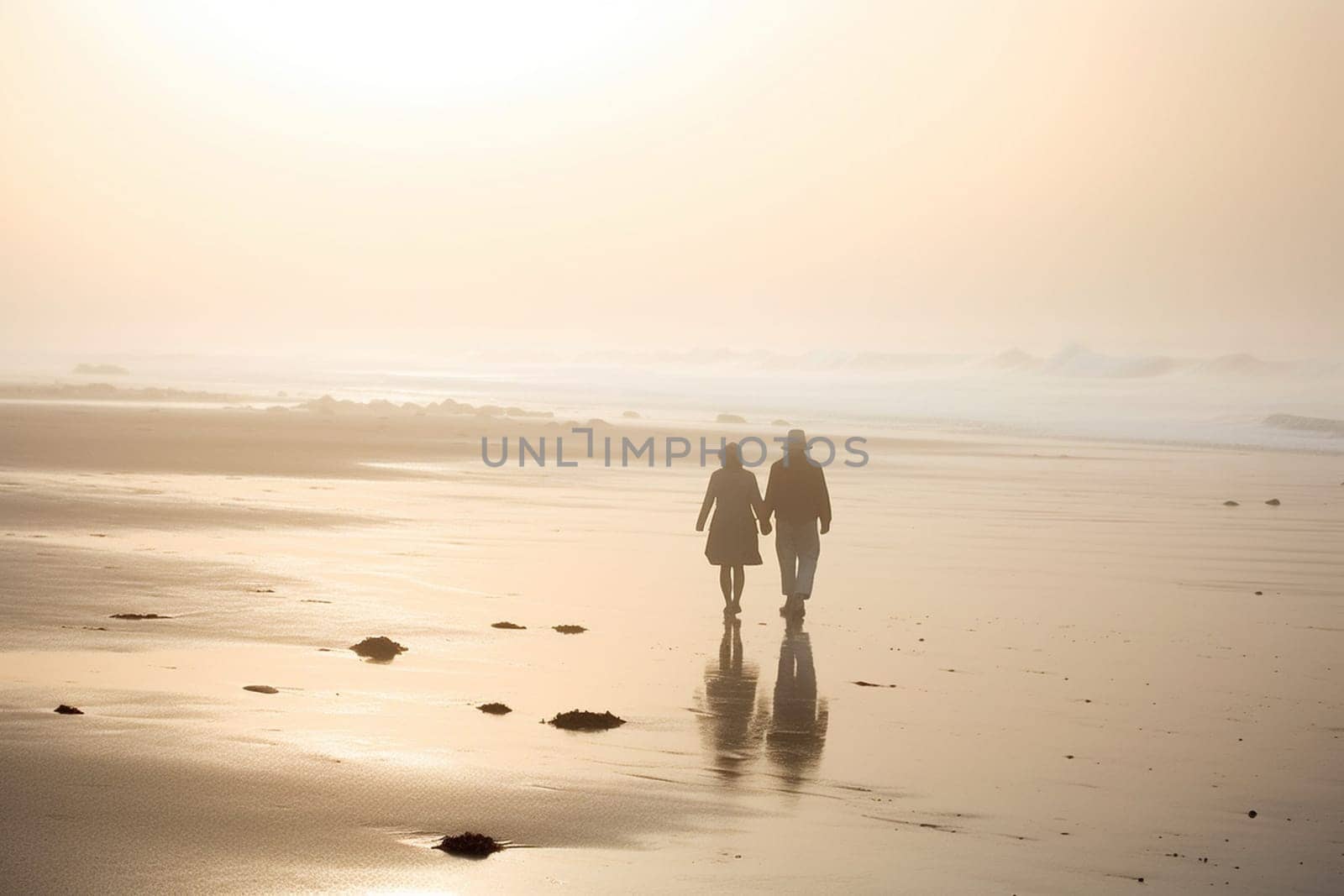 A couple walks hand in hand on a misty beach at dawn, their silhouette casting a soft glow on the sand. The mist creates a dreamy atmosphere, as if they are walking in a world of their own. The sound of the waves crashing on the shore adds to the serenity of the scene. This scene can evoke feelings of love, tranquility, and nostalgia. (generative AI)