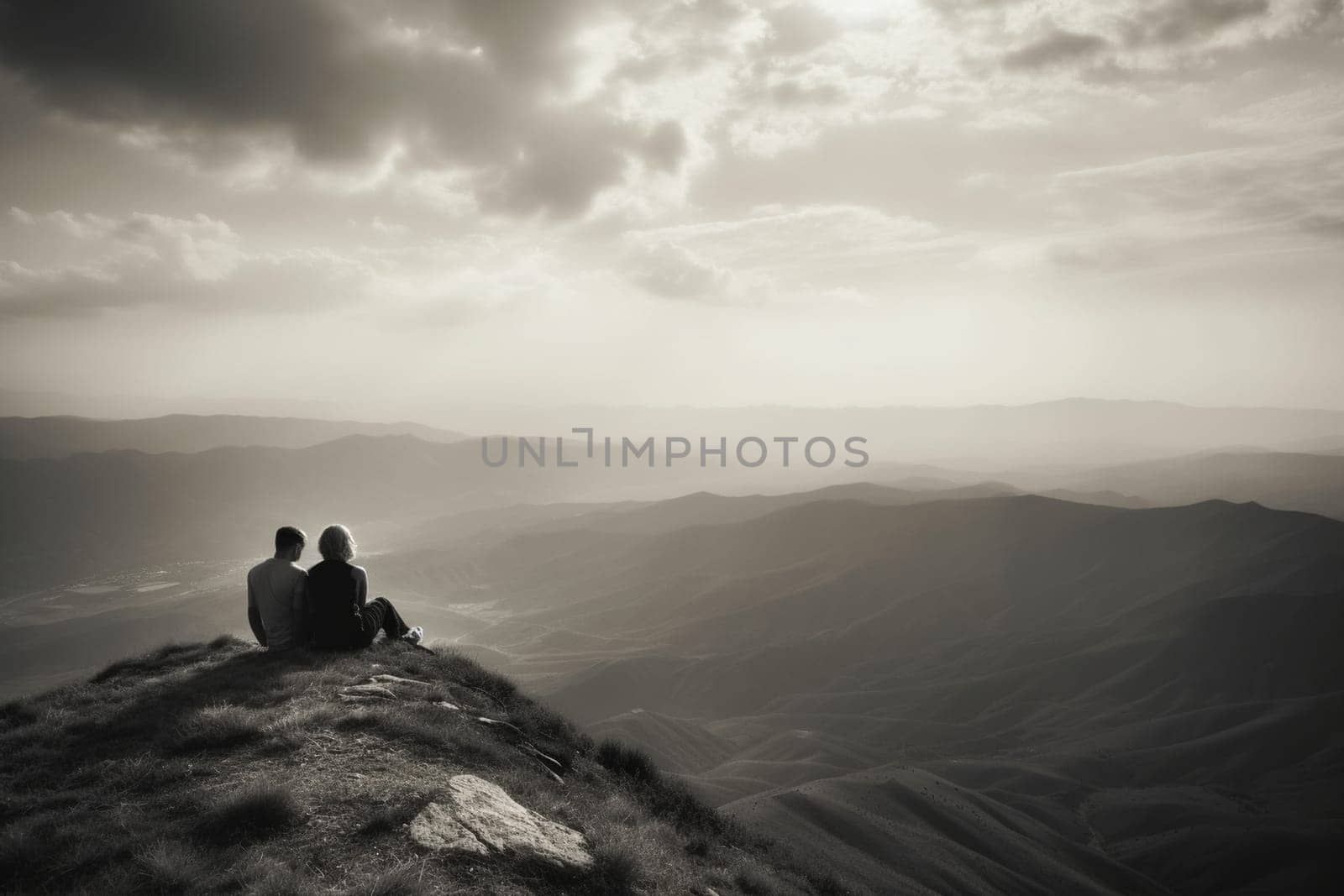 The couple sits together on the mountain peak, overlooking the beautiful landscape below. The majesty of the natural world is on full display, with the couple basking in the serene beauty of their surroundings. The monochrome adds to the romantic and peaceful aspect of the scene, creating a sense of unforgettable intimacy in the midst of vast, endless beauty. (generative AI)