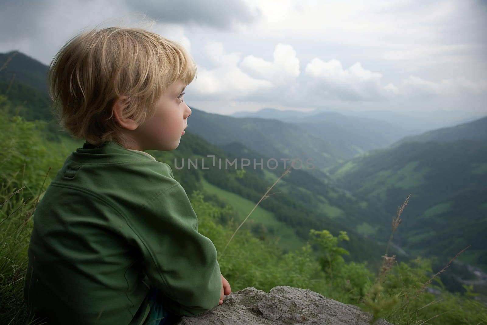 A child sits, lost in thought, as they gaze out over the vast and mountainous landscape before them. The natural and serene atmosphere captures the essence of contemplation and introspection, inducing a sense of peace and reflection. This scene is perfect for those looking to explore their curiosity and inner thoughts. (generative AI)