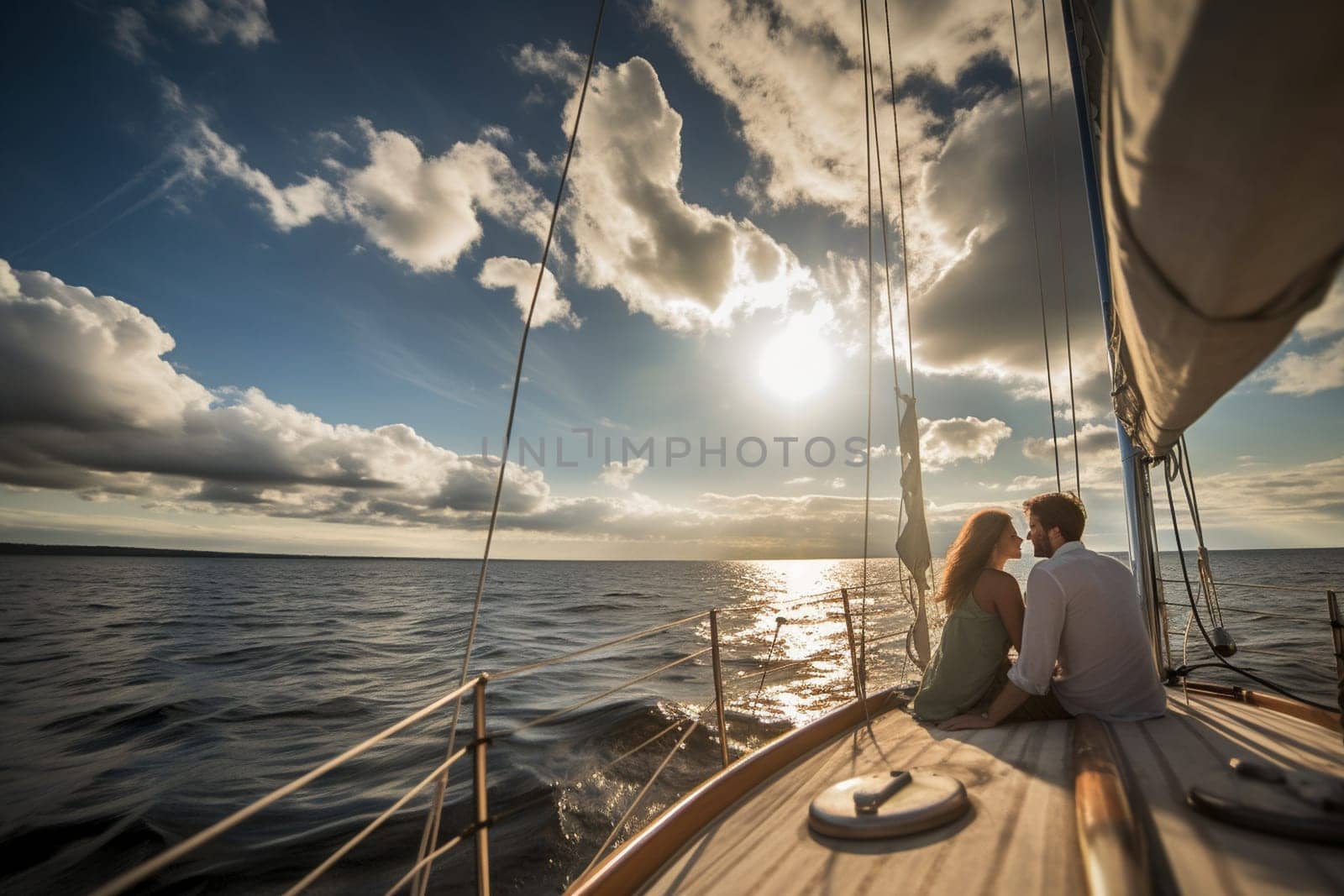In the middle of the ocean, a couple sits on a sailboat, watching the clouds drift by overhead. The moment is romantic and dreamy, with the wind in their hair and nothing but the sound of the waves around them. This setting can evoke feelings of reflection, adventure, and the beauty of the natural world. (generative AI)