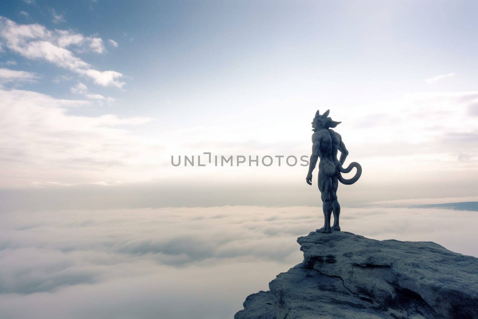 The chimaera is a legendary creature with the body of a lion, the head of a goat, and the tail of a serpent. This creature can be seen standing guard atop a cliff overlooking a sea of clouds, its body bathed in the soft tones of the sky. The dramatic angles and high contrast give the photograph a mythical and otherworldly feel. (generative AI)