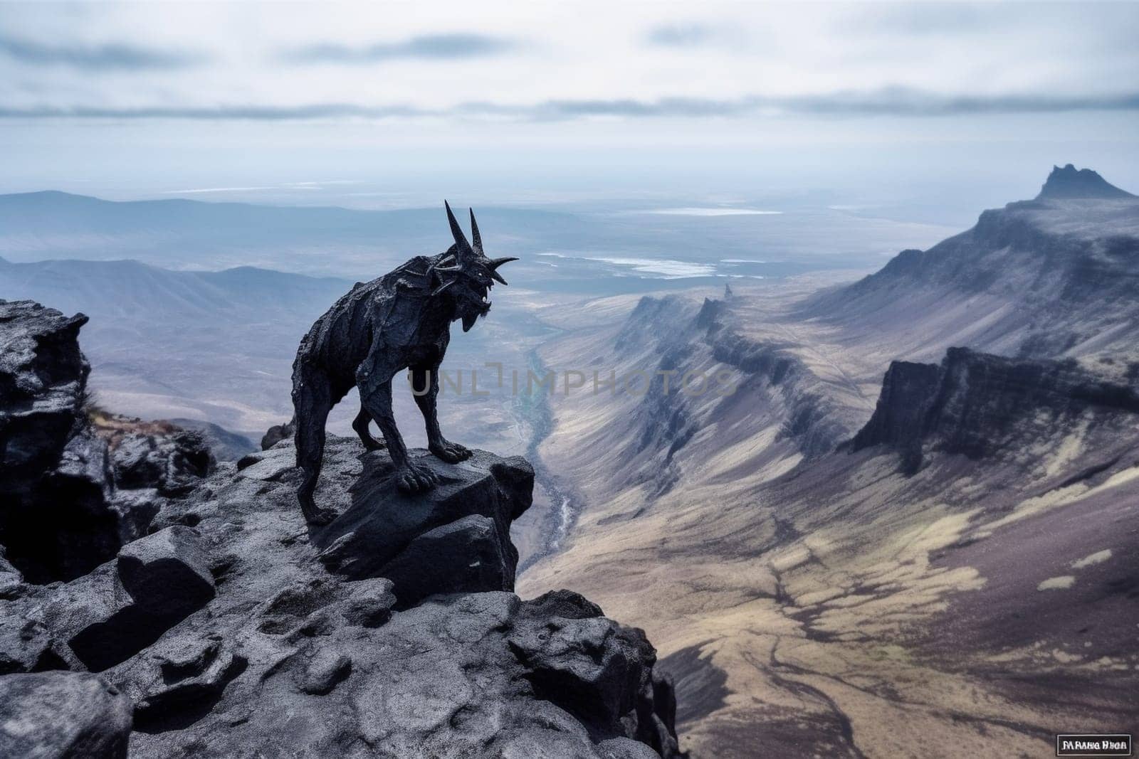 A creature from Greek mythology, the chimera is a monstrous beast with the head of a lion, the body of a goat, and the tail of a serpent. In this dramatic scene, the chimera perches on a rocky outcropping overlooking a volcanic landscape, creating a terrifying and epic display of power and destruction. (generative AI)