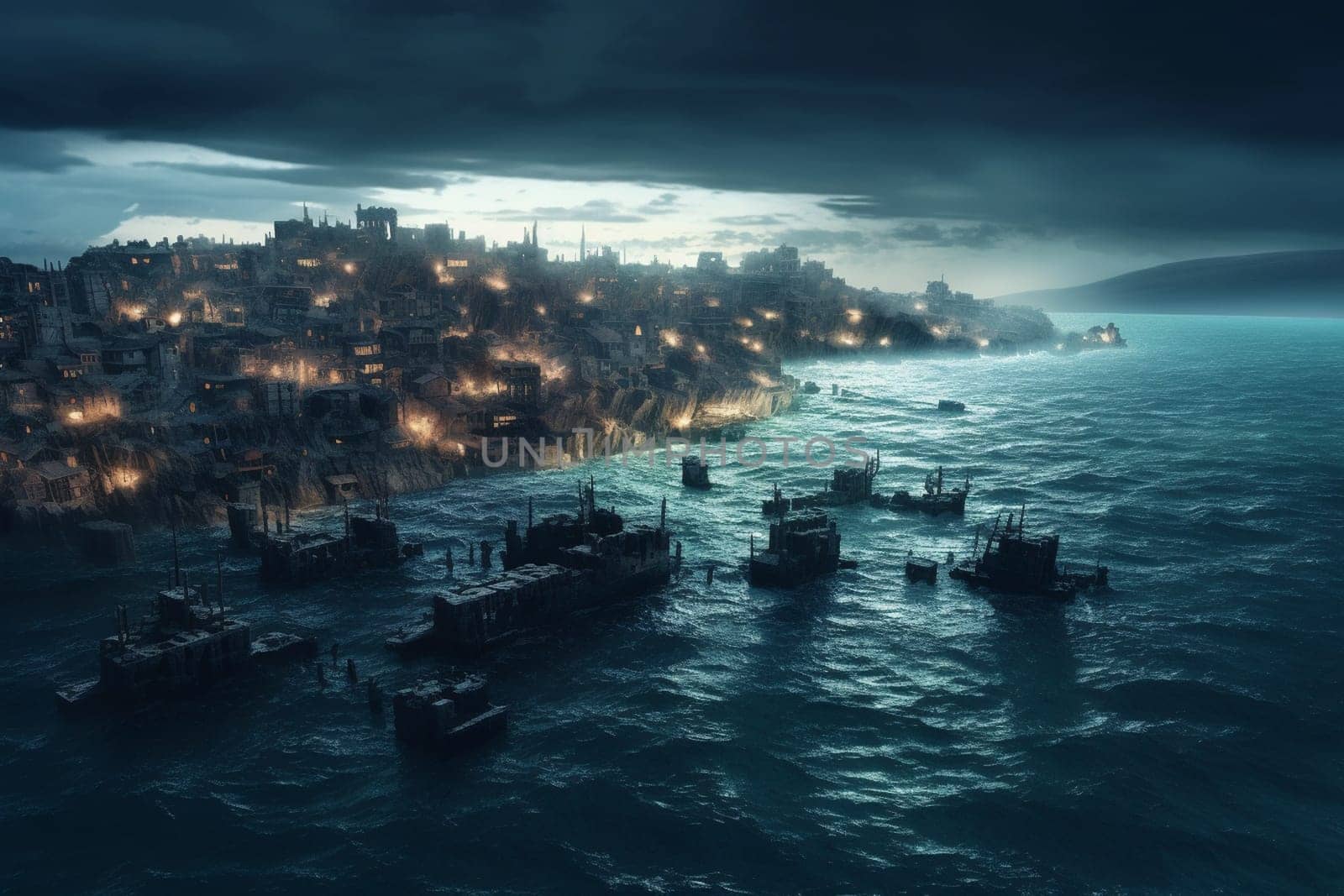 This city was built on the ocean and like its origin from the ruins of an ancient civilization it has a mysterious and moody atmosphere. The photorealistic style of this black and white scene, featuring dramatic lighting and sharp focus, adds a sense of rawness and grandeur to its haunting appearance. (generative AI)