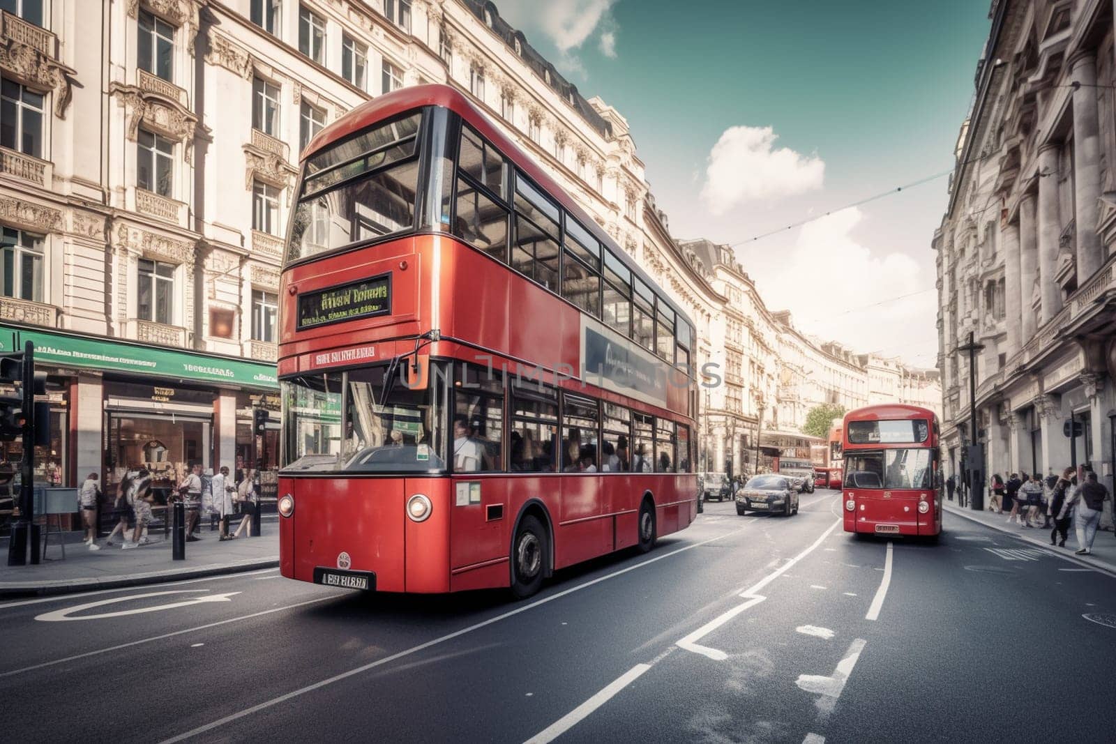 An iconic classic double-decker bus makes its way through a bustling city street, surrounded by towering buildings and the hustle and bustle of urban life. The vintage charm of the bus contrasts beautifully with the modern cityscape, creating a unique and memorable scene. (generative AI)