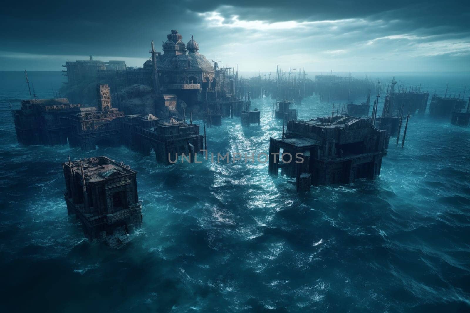 This city was built on the ocean and like its origin from the ruins of an ancient civilization it has a mysterious and moody atmosphere. The photorealistic style of this black and white scene, featuring dramatic lighting and sharp focus, adds a sense of rawness and grandeur to its haunting appearance. (generative AI)