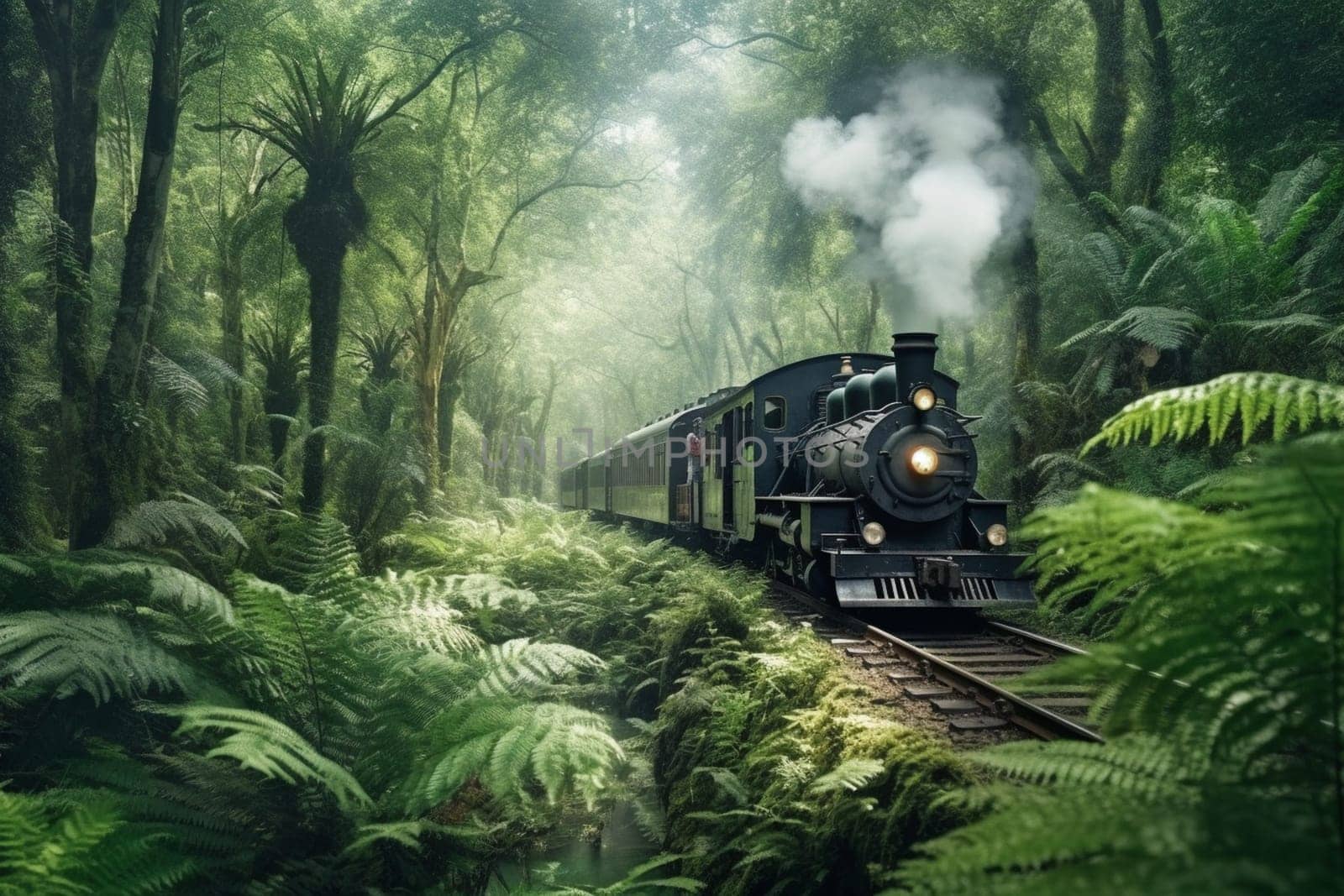 A historic steam train chugs along a meandering track through a verdant forest, its old-fashioned design and comforting rhythm exuding a sense of nostalgia and comfort. The train's whistle echoes through the trees as it makes its way through the peaceful countryside. (generative AI)