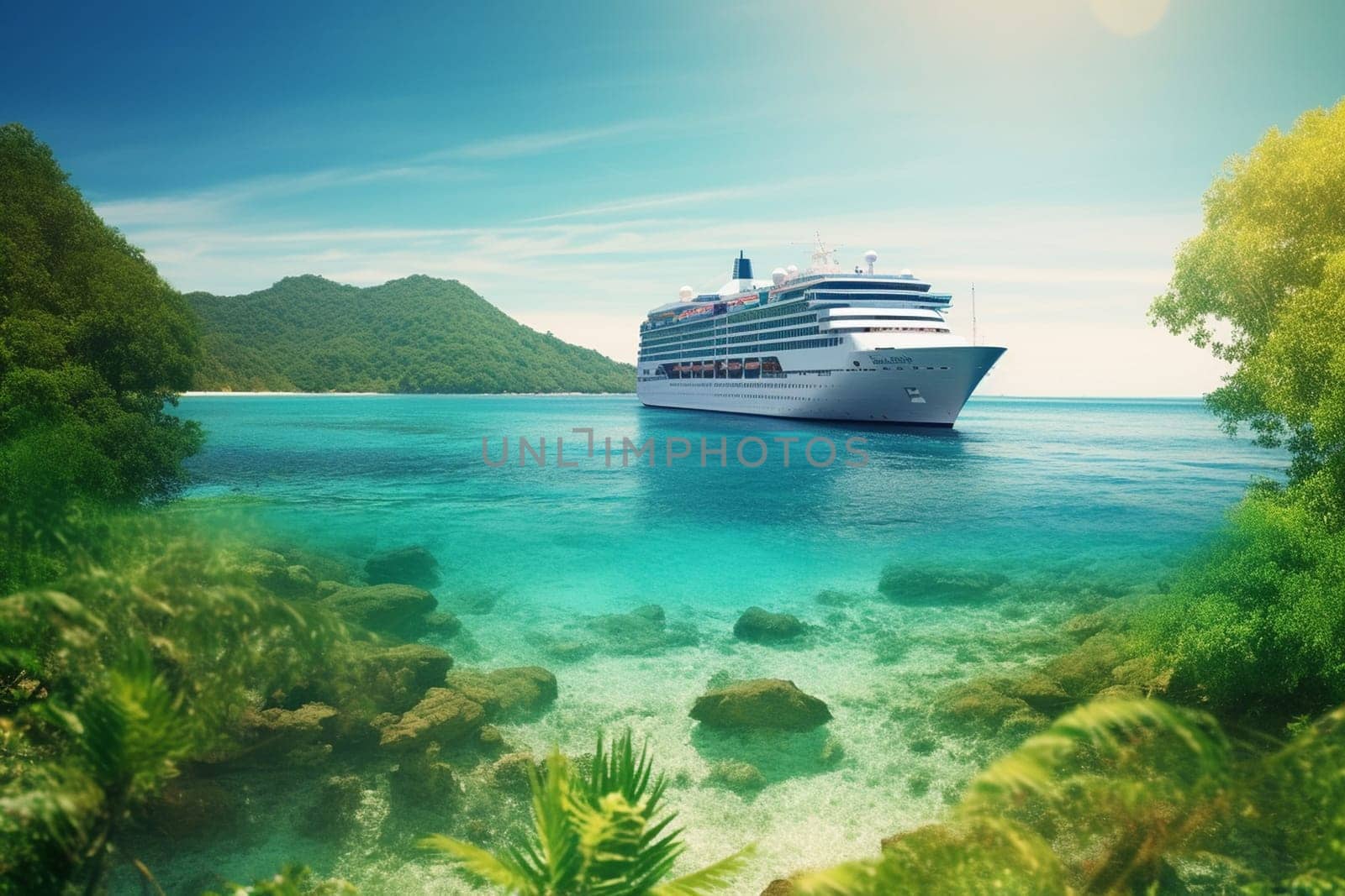A luxurious and sprawling cruise ship sails gracefully through a sparkling blue tropical sea, its passengers enjoying the warm sun and idyllic scenery. The ship offers a relaxing and indulgent vacation experience, with amenities such as gourmet dining, spa services, and endless entertainment options. (generative AI)