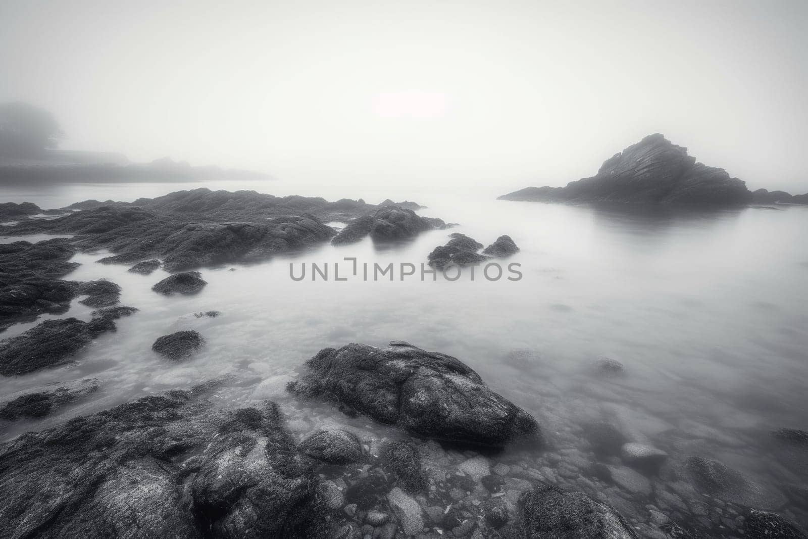 Sometimes, the ocean can seem like it exists in a dream world of its own. This scene captures that dreamy quality perfectly with its soft-focus and misty ambiance. A small, rocky island sits in the distance, adding a touch of mystery and intrigue. Rendered in stunning high resolution and monochrome tones, this is a scene that is both calming and captivating. (generative AI)