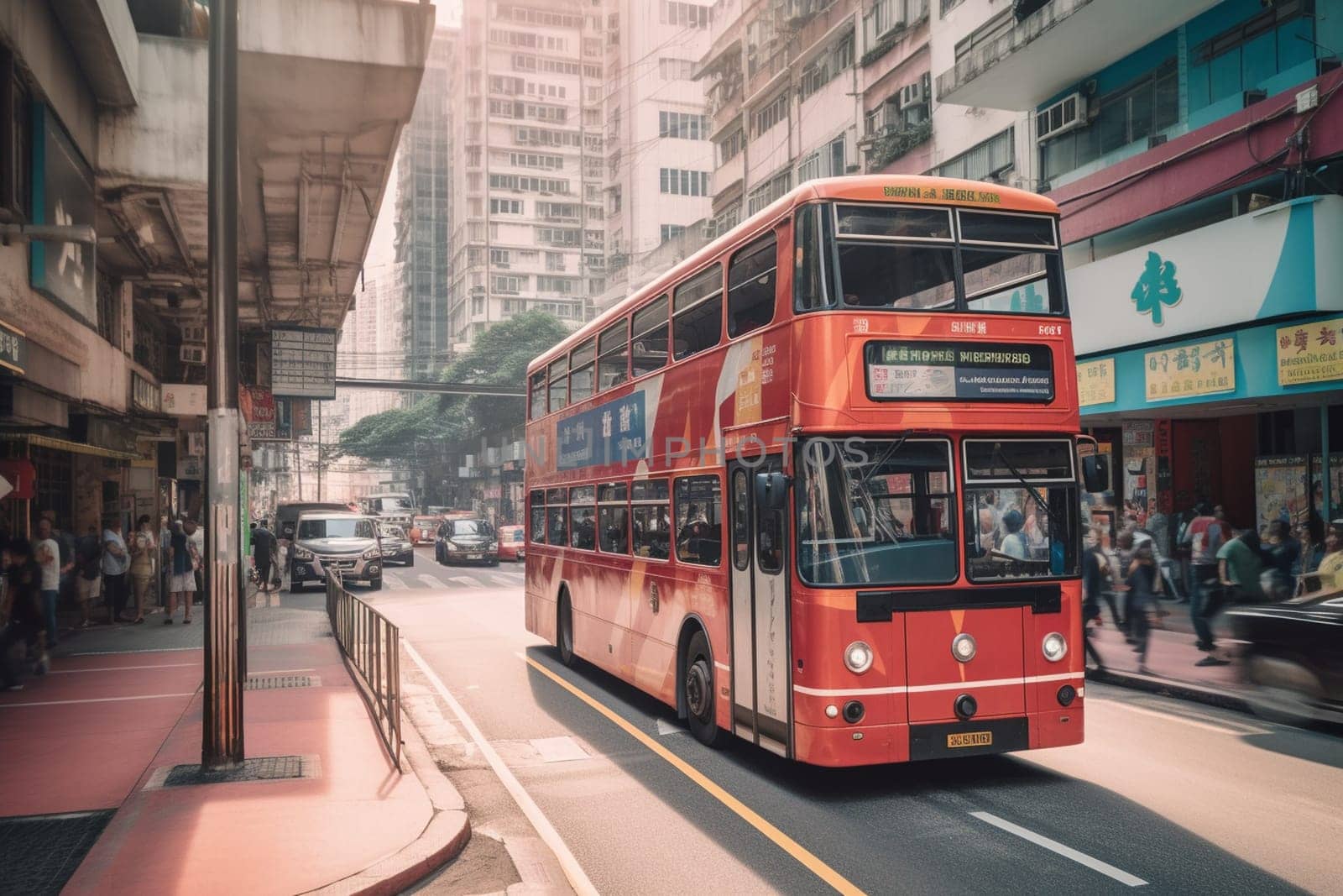 An iconic classic double-decker bus makes its way through a bustling city street, surrounded by towering buildings and the hustle and bustle of urban life. The vintage charm of the bus contrasts beautifully with the modern cityscape, creating a unique and memorable scene. (generative AI)