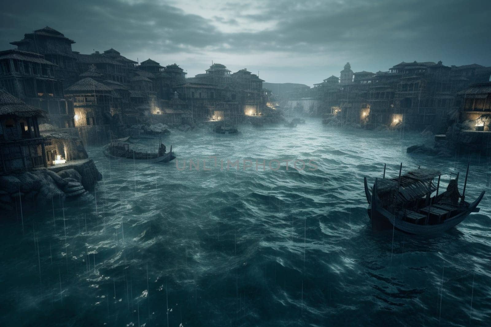 This city was built on the ocean and like its origin from the ruins of an ancient civilization it has a mysterious and moody atmosphere. The photorealistic style of this black and white scene, featuring dramatic lighting and sharp focus, adds a sense of rawness and grandeur to its haunting appearance. (generative AI)