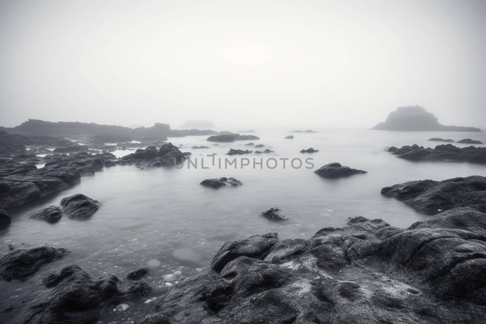 Sometimes, the ocean can seem like it exists in a dream world of its own. This scene captures that dreamy quality perfectly with its soft-focus and misty ambiance. A small, rocky island sits in the distance, adding a touch of mystery and intrigue. Rendered in stunning high resolution and monochrome tones, this is a scene that is both calming and captivating. (generative AI)