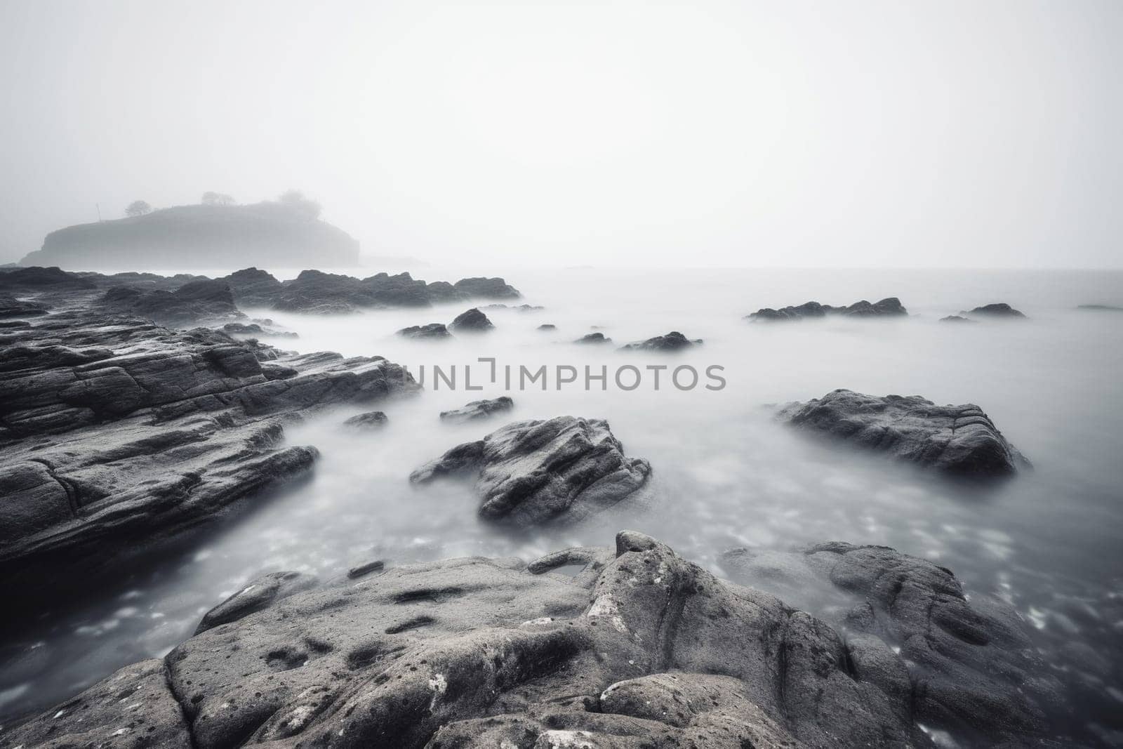 Sometimes, the ocean can seem like it exists in a dream world of its own. This scene captures that dreamy quality perfectly with its soft-focus and misty ambiance. A small, rocky island sits in the distance, adding a touch of mystery and intrigue. Rendered in stunning high resolution and monochrome tones, this is a scene that is both calming and captivating. (generative AI)
