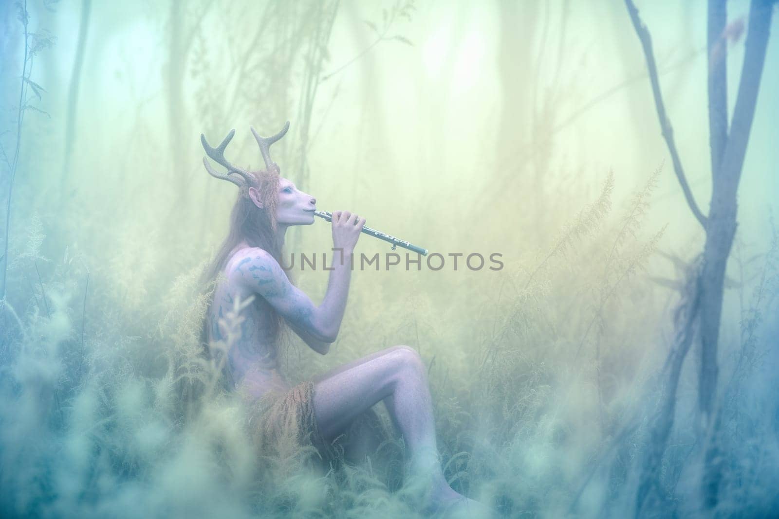 A faun is a mythical creature that is part human and part goat. This whimsical faun can be seen playing a flute in a serene meadow surrounded by mist, creating a dreamy and magical scene that evokes a sense of peace and tranquility. (generative AI)