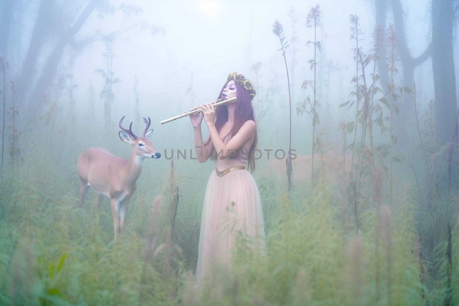 A faun is a mythical creature that is part human and part goat. This whimsical faun can be seen playing a flute in a serene meadow surrounded by mist, creating a dreamy and magical scene that evokes a sense of peace and tranquility. (generative AI)