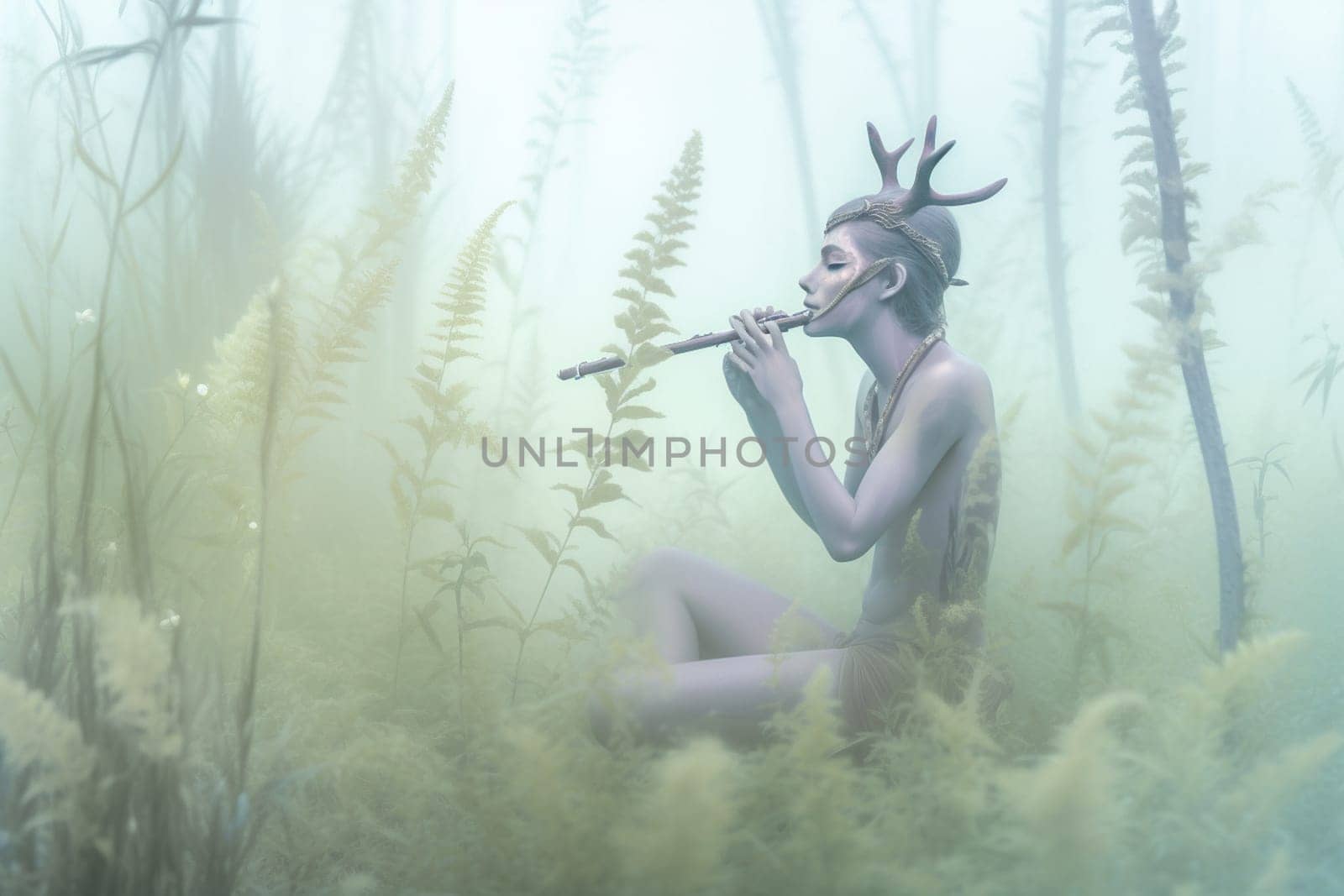 A faun is a mythical creature that is part human and part goat. This whimsical faun can be seen playing a flute in a serene meadow surrounded by mist, creating a dreamy and magical scene that evokes a sense of peace and tranquility. (generative AI)