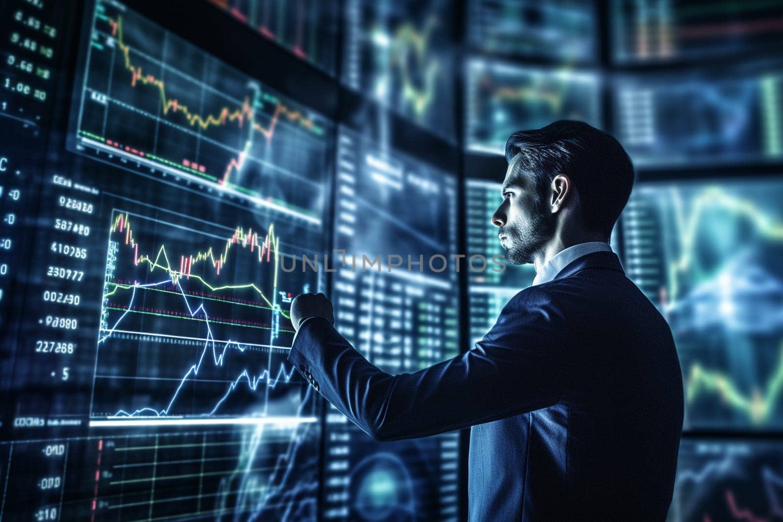 In a sophisticated and sleek office, a financial analyst uses advanced analytics to predict the stock market trends. The environment is calm and professional, with a deep focus on data and analysis. The future of the stock market is at stake, and every minute decision counts. (generative AI)