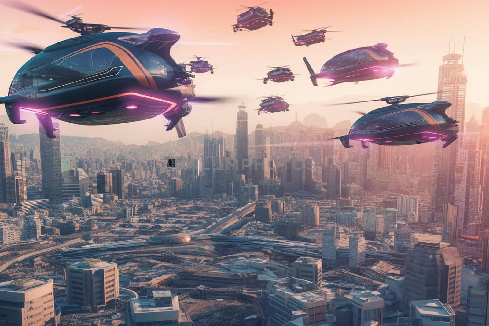 Flying cars soar through a sprawling cityscape of towering skyscrapers and bustling streets, showcasing the latest advancements in transportation technology. The cars' sleek, aerodynamic designs and sophisticated navigation systems ensure a safe and efficient journey through the urban jungle. (generative AI)