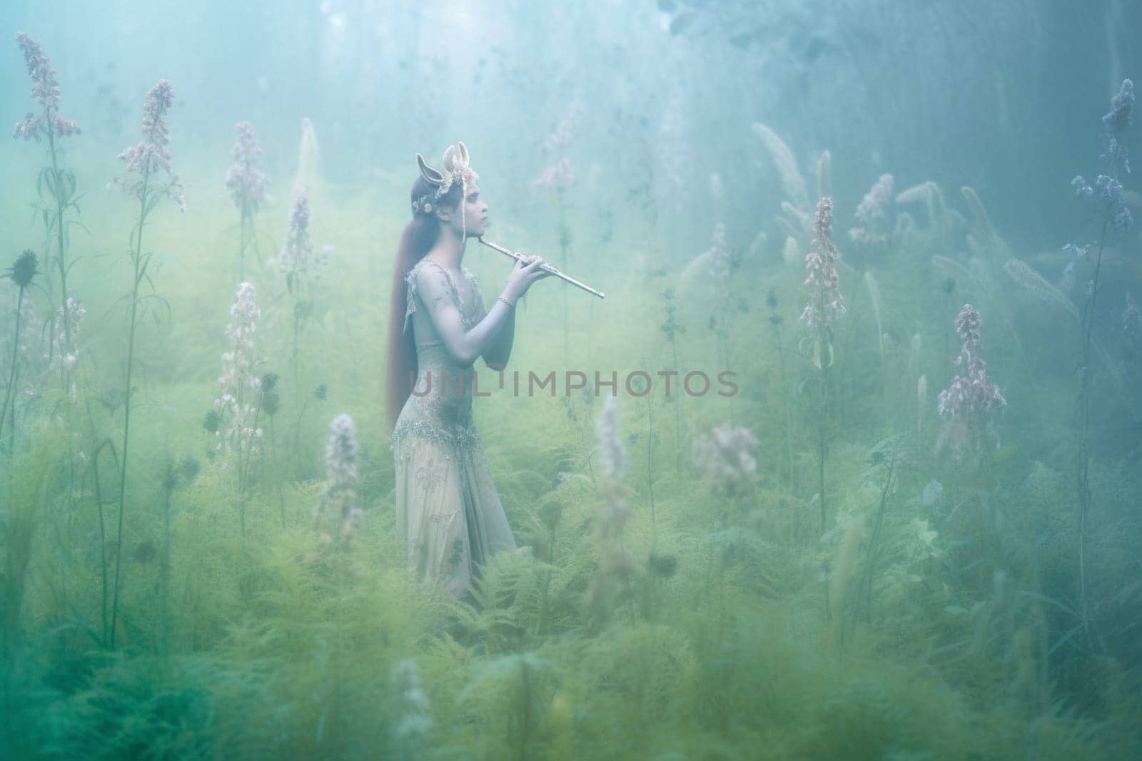 A faun is a mythical creature that is part human and part goat. This whimsical faun can be seen playing a flute in a serene meadow surrounded by mist, creating a dreamy and magical scene that evokes a sense of peace and tranquility. (generative AI)