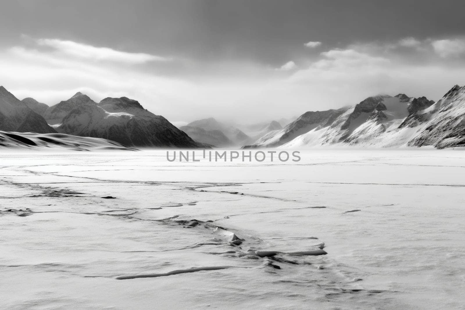 This frozen tundra seems both beautiful and desolate, with glaciers and snow-capped mountains stretching on as far as the eye can see. The wide-angle and minimalist black and white composition adds a sense of grandeur and the high contrast gives the impression of a land frozen in time. (generative AI)