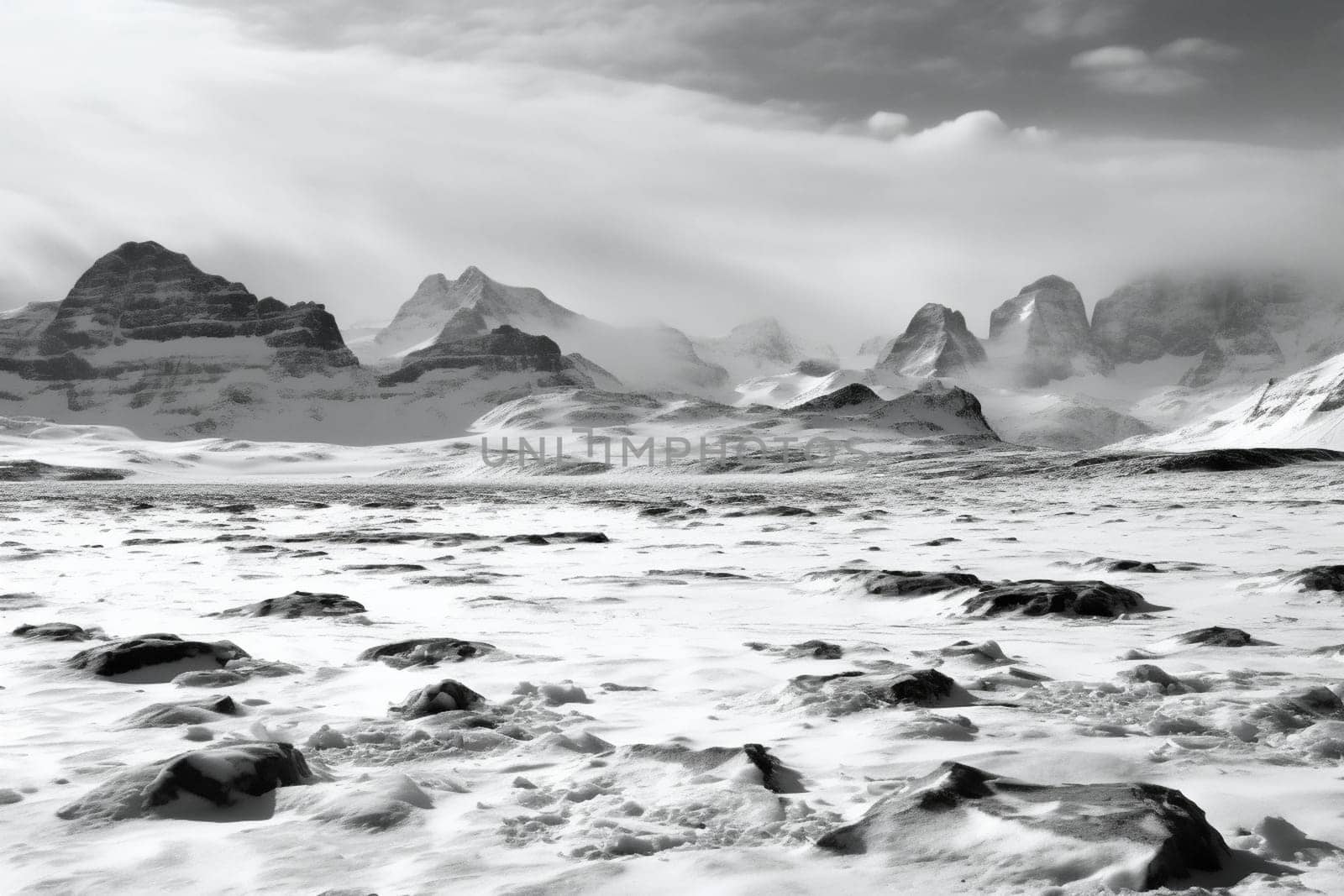 This frozen tundra seems both beautiful and desolate, with glaciers and snow-capped mountains stretching on as far as the eye can see. The wide-angle and minimalist black and white composition adds a sense of grandeur and the high contrast gives the impression of a land frozen in time. (generative AI)