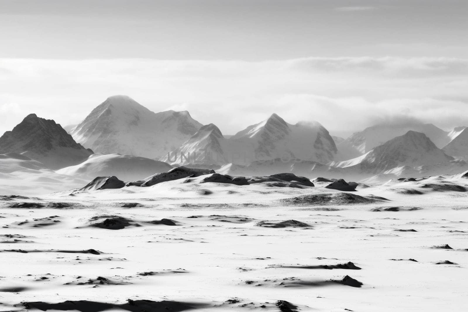 This frozen tundra seems both beautiful and desolate, with glaciers and snow-capped mountains stretching on as far as the eye can see. The wide-angle and minimalist black and white composition adds a sense of grandeur and the high contrast gives the impression of a land frozen in time. (generative AI)