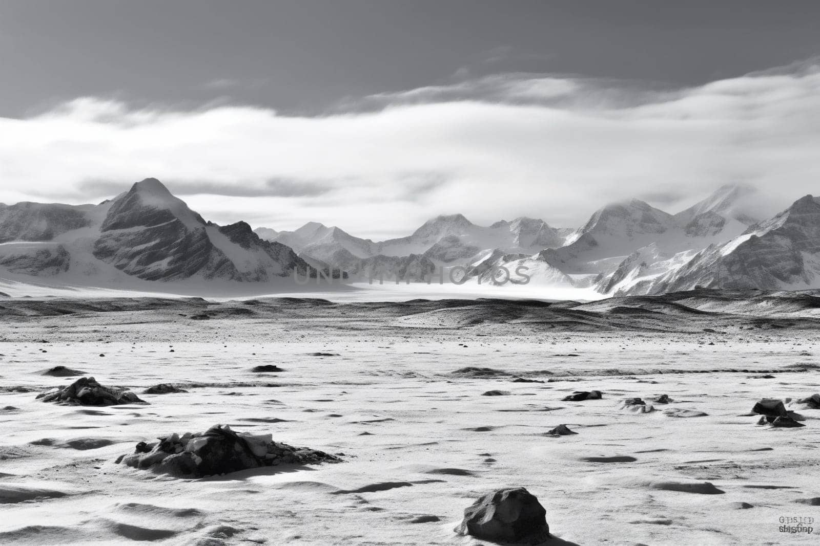 This frozen tundra seems both beautiful and desolate, with glaciers and snow-capped mountains stretching on as far as the eye can see. The wide-angle and minimalist black and white composition adds a sense of grandeur and the high contrast gives the impression of a land frozen in time. (generative AI)