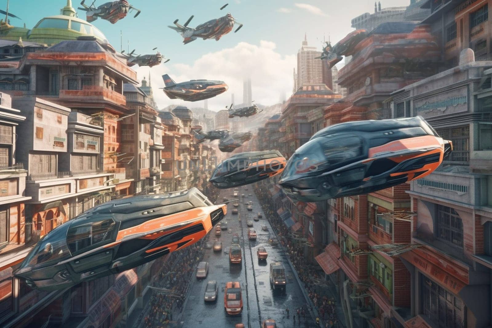 Flying cars soar through a sprawling cityscape of towering skyscrapers and bustling streets, showcasing the latest advancements in transportation technology. The cars' sleek, aerodynamic designs and sophisticated navigation systems ensure a safe and efficient journey through the urban jungle. (generative AI)