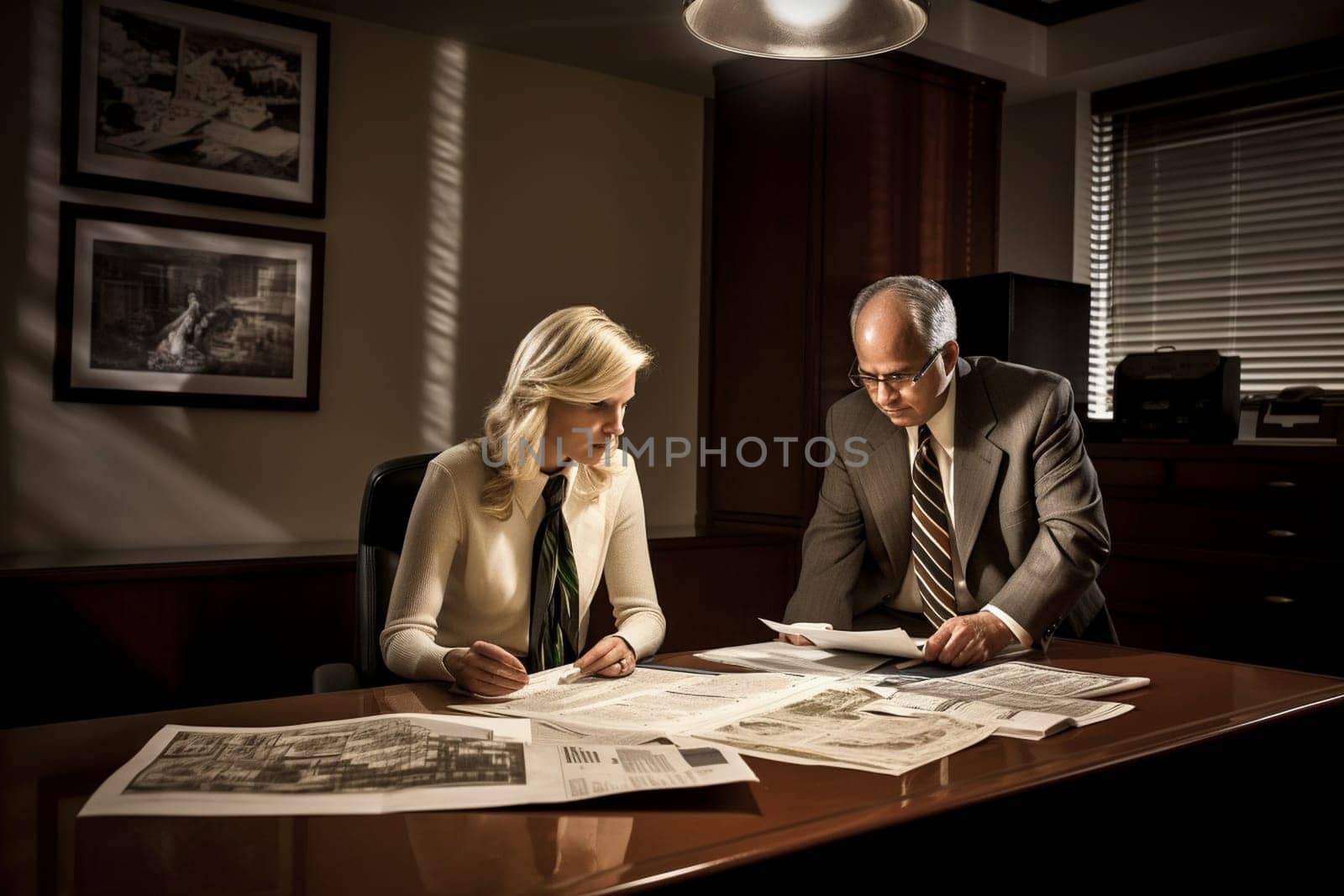 In this elegant and upscale office, a financial advisor assists clients with investing their money wisely. With their expertise and knowledge of the market, they guide their clients to make informed decisions, ensuring financial success for the future. (generative AI)