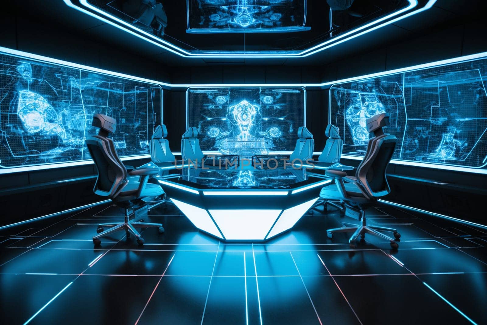 The boardroom of the future is here, complete with holographic displays and robots. The sleek, modern design and high-tech features create an environment that is stylish and cutting-edge. (generative AI)