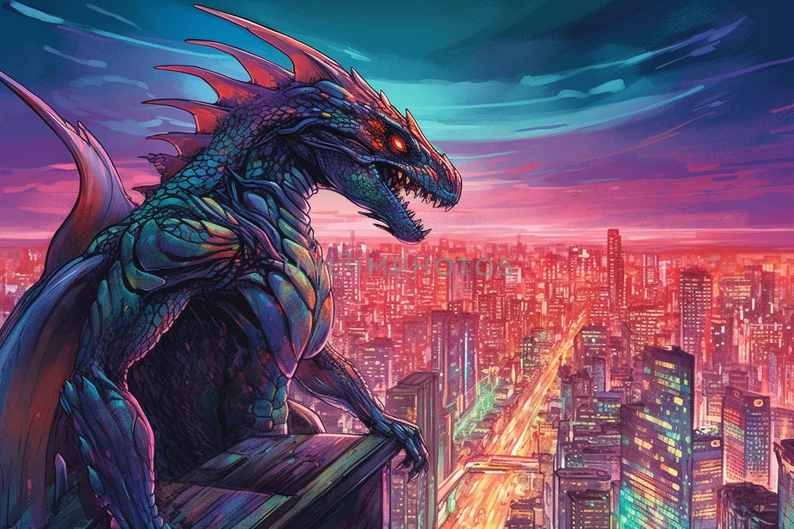 The cyborg dragon is a combination of organic and mechanical parts, creating a futuristic and powerful creature. This dragon can be seen overlooking a futuristic city skyline, creating a science fiction scene that is both surreal and captivating. (generative AI)