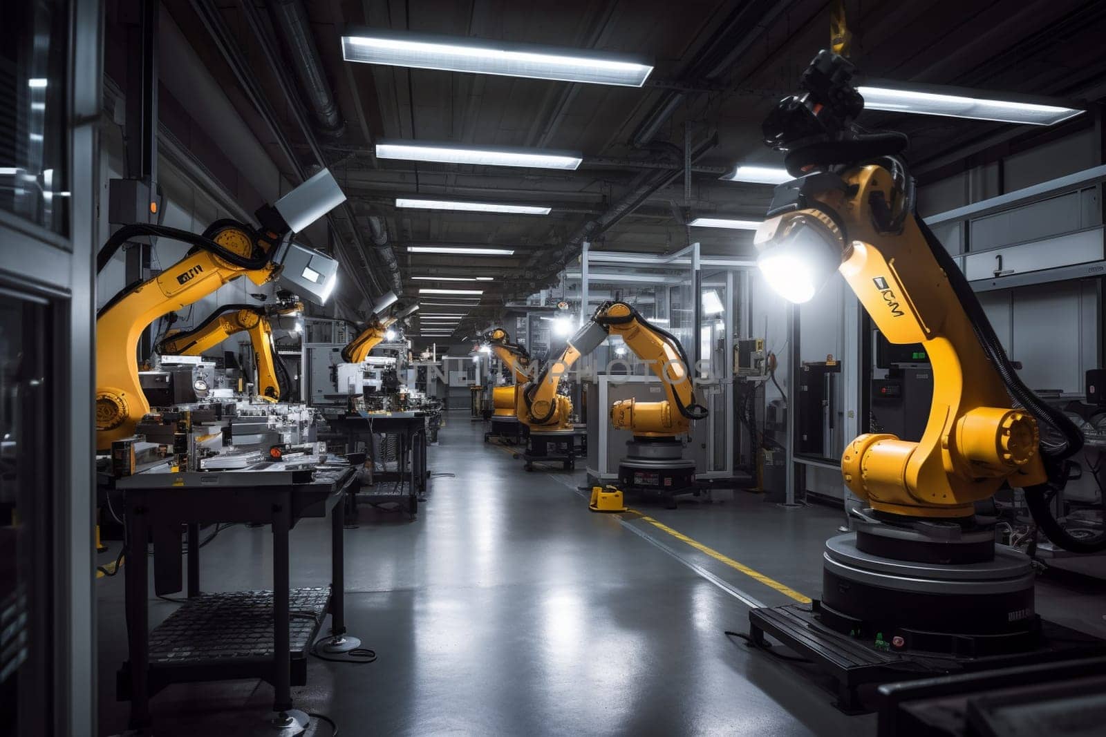 In a cutting-edge factory, advanced machines and skilled technicians work together to create the next generation of robots. The robotic arms move with precision and speed, as the technicians monitor and fine-tune their creations to push the boundaries of technology and innovation. (generative AI)