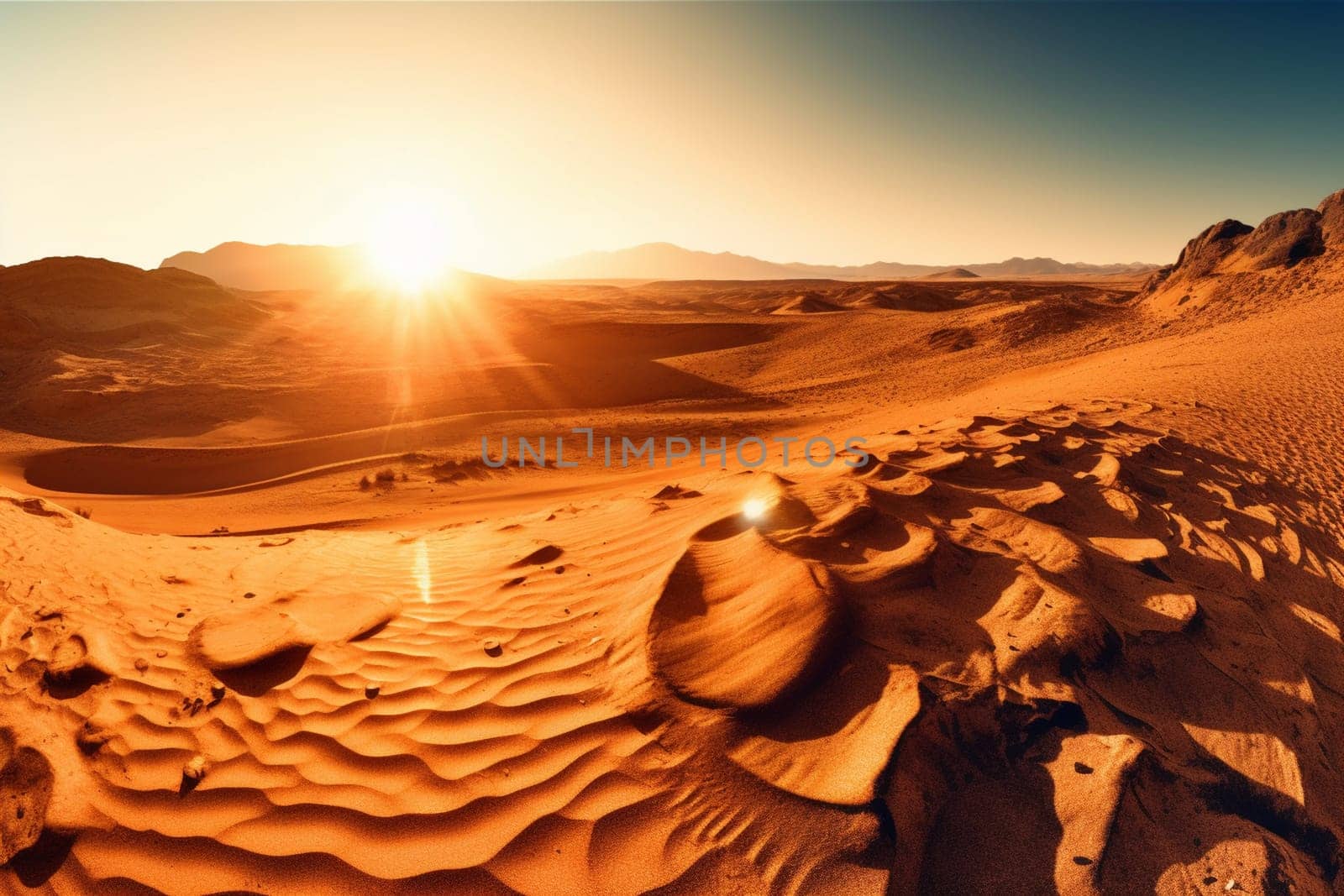 This surreal and alien landscape is on a desert planet, with towering sand dunes and a blazing sun setting in the distance. The high contrast and dramatic lighting of the scene are amplified by the warm tones and wide-angle composition, adding to its photorealistic appearance. (generative AI)