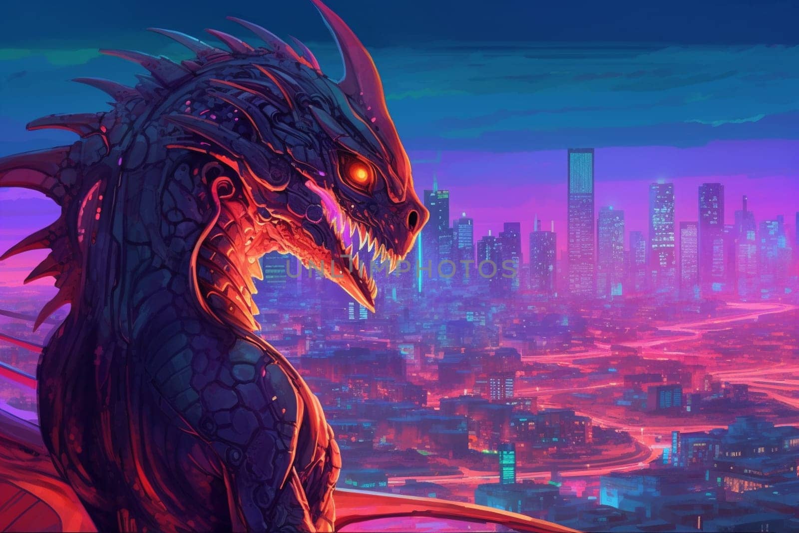 The cyborg dragon is a combination of organic and mechanical parts, creating a futuristic and powerful creature. This dragon can be seen overlooking a futuristic city skyline, creating a science fiction scene that is both surreal and captivating. (generative AI)