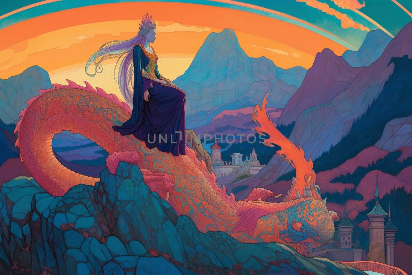 Dragons are legendary creatures that evoke a sense of power and majesty, inspiring awe and respect in their subjects. In this scene, a dragon queen reigns over her kingdom from a mountaintop castle, creating a vibrant and majestic ambiance that is both regal and cinematic. (generative AI)