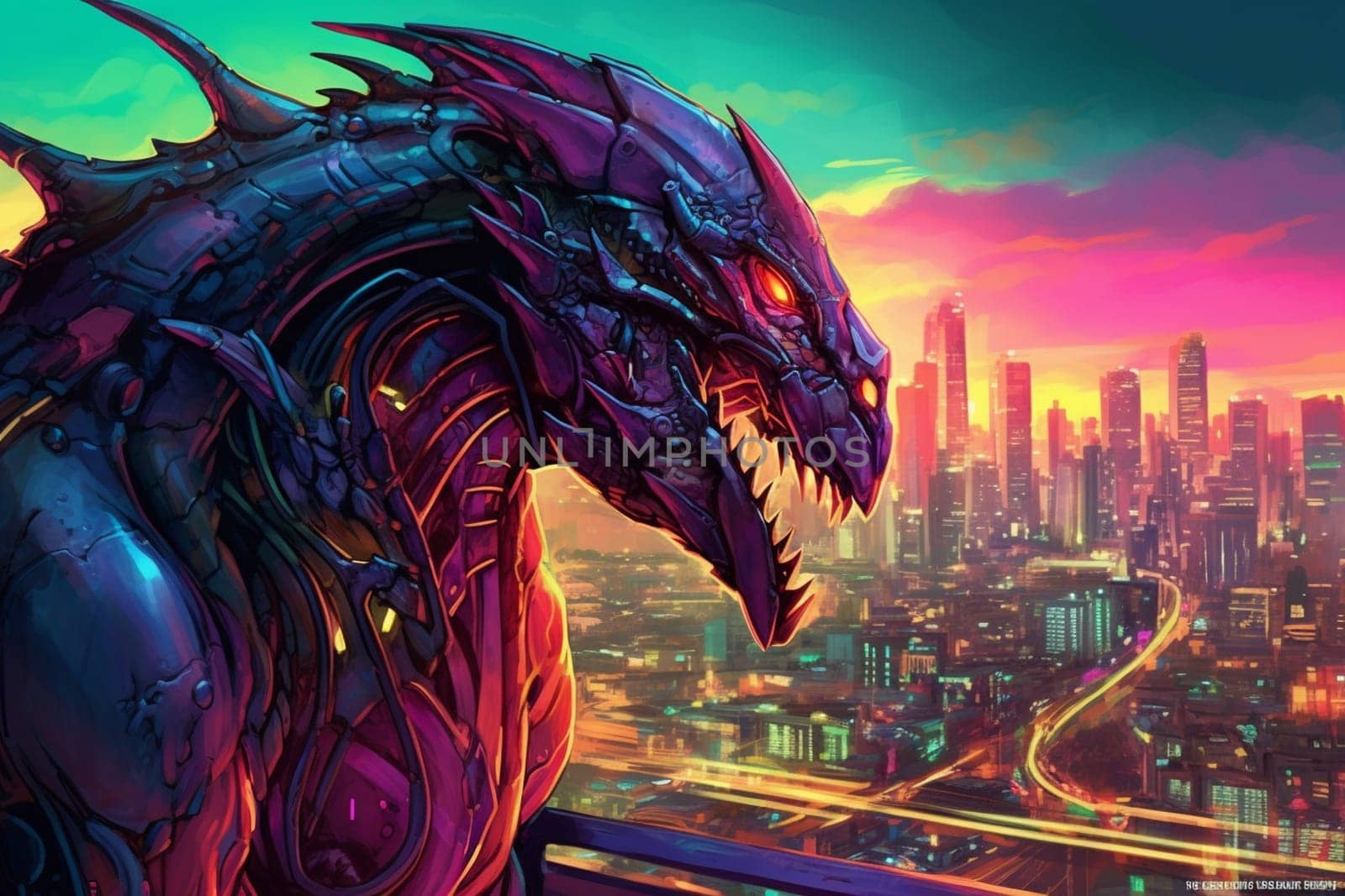 The cyborg dragon is a combination of organic and mechanical parts, creating a futuristic and powerful creature. This dragon can be seen overlooking a futuristic city skyline, creating a science fiction scene that is both surreal and captivating. (generative AI)