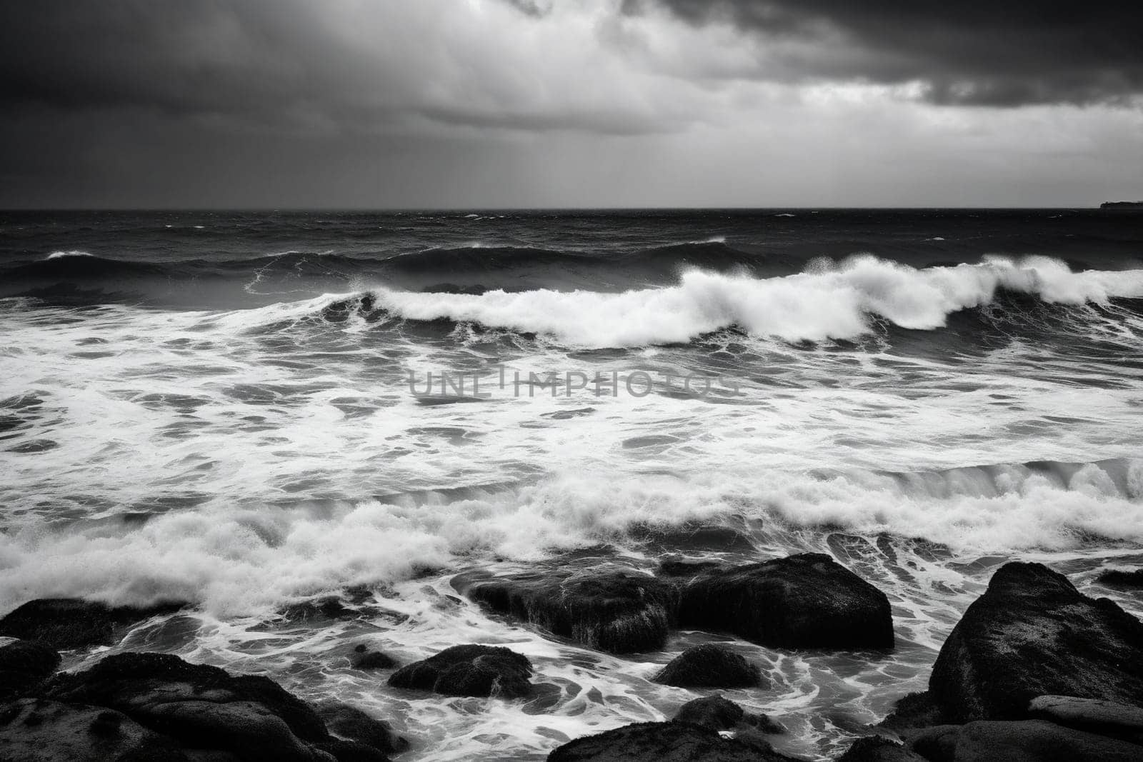 The stormy sea creates a dramatic and ominous scene, with dark clouds looming overhead and waves crashing against the shore. The lack of color accentuates the dramatic nature of the storm, making this black and white photo truly unforgettable. (generative AI)