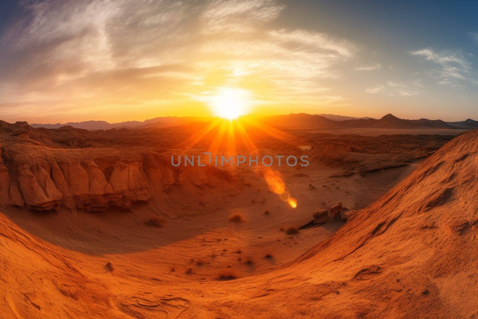 This dramatic desert landscape is a breathtaking sight to behold. The steep cliffs, sand dunes, and fiery sunset create a striking contrast that captures the essence of natural beauty. The panoramic view enables the viewer to feel as if they are truly immersed in the rugged landscape. (generative AI)