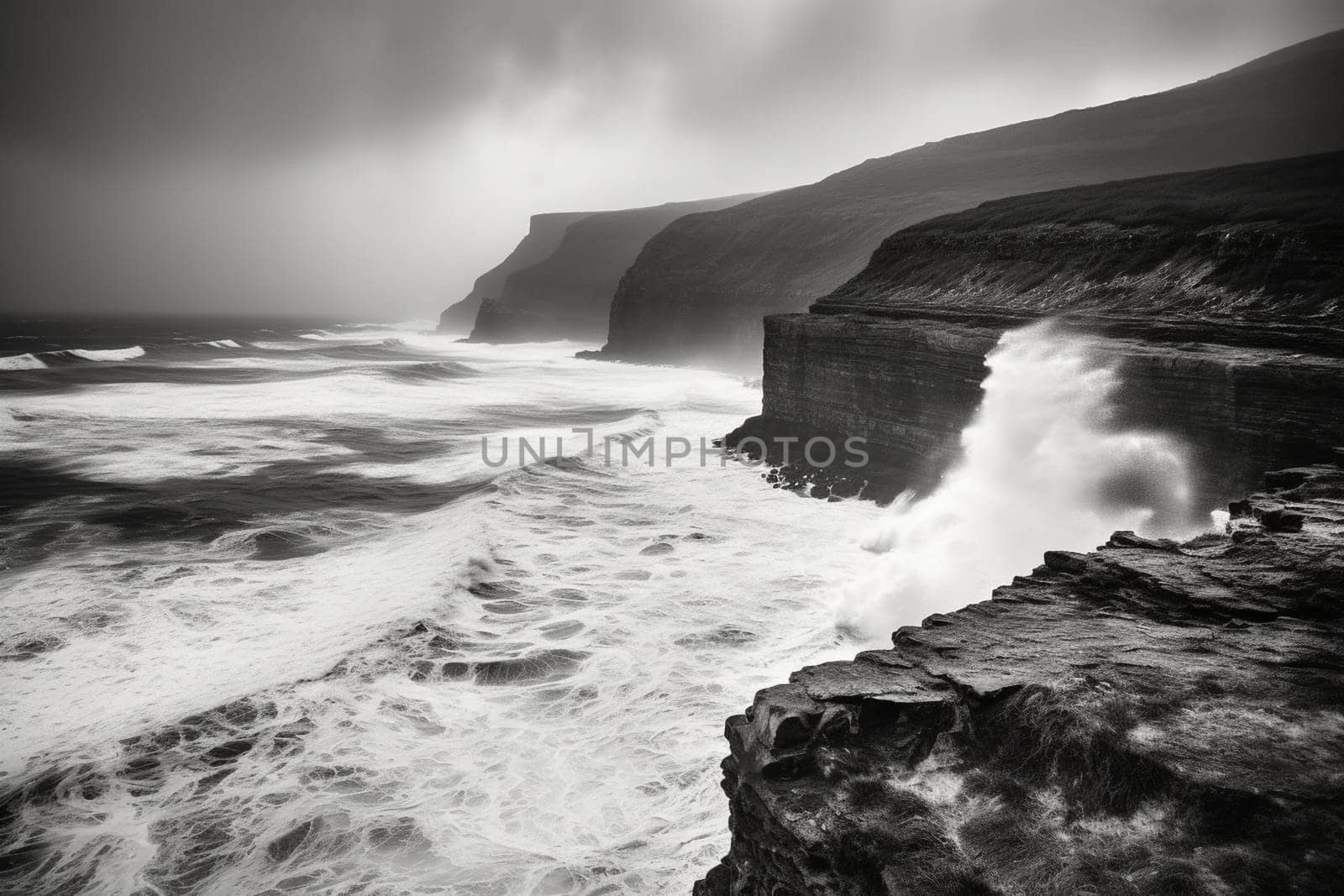 This stunning coastal landscape is both dramatic and moody. Sheer cliffs rise up out of the ocean, providing a stark contrast to the rugged coastline below. The powerful waves crash against the rocky shore, creating a sense of both stillness and motion. (generative AI)