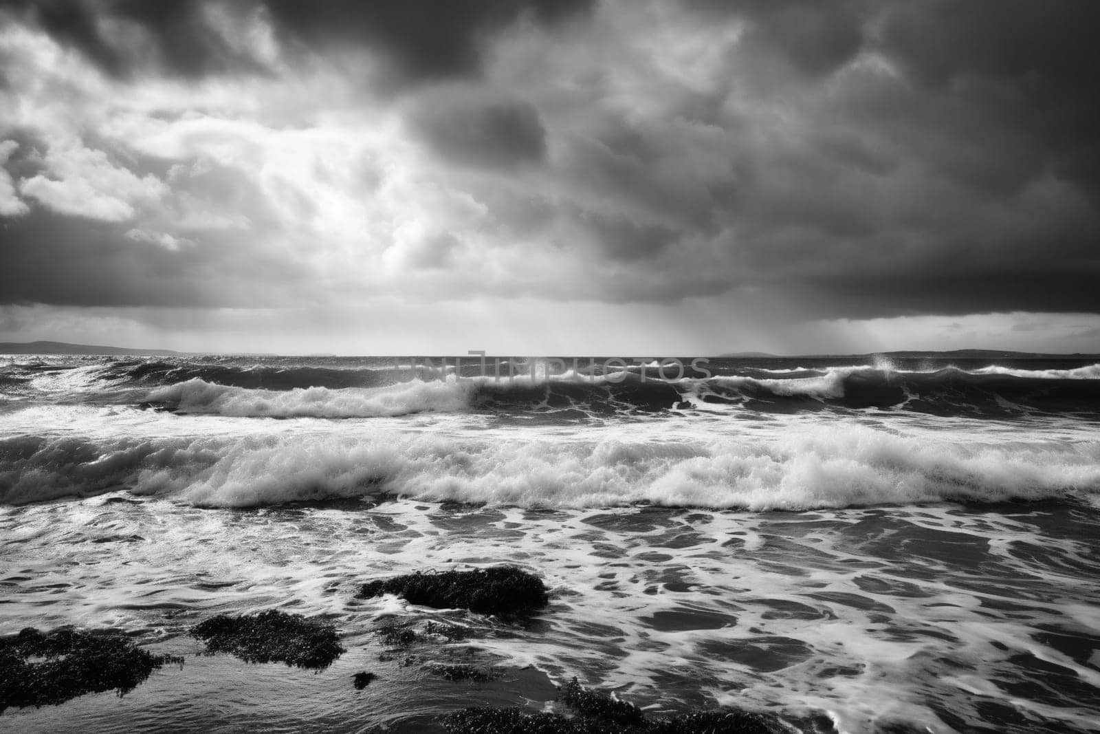 The stormy sea creates a dramatic and ominous scene, with dark clouds looming overhead and waves crashing against the shore. The lack of color accentuates the dramatic nature of the storm, making this black and white photo truly unforgettable. (generative AI)