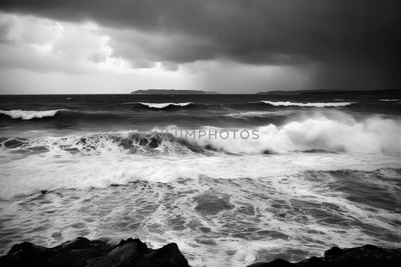 The stormy sea creates a dramatic and ominous scene, with dark clouds looming overhead and waves crashing against the shore. The lack of color accentuates the dramatic nature of the storm, making this black and white photo truly unforgettable. (generative AI)
