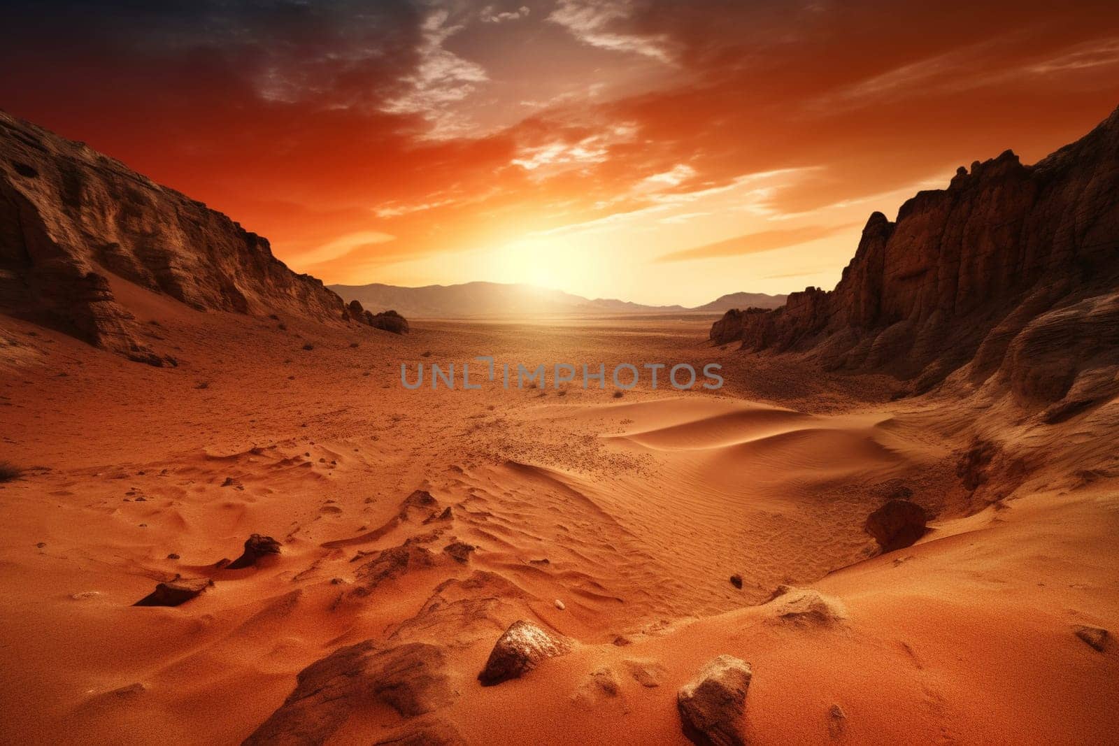 This dramatic desert landscape is a breathtaking sight to behold. The steep cliffs, sand dunes, and fiery sunset create a striking contrast that captures the essence of natural beauty. The panoramic view enables the viewer to feel as if they are truly immersed in the rugged landscape. (generative AI)