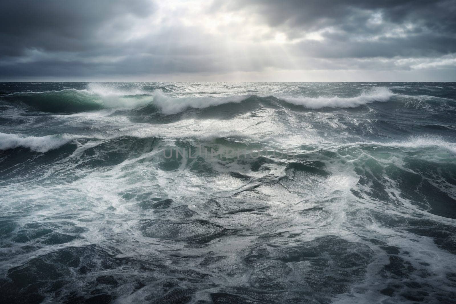 The ocean can be a fearsome and dramatic place, and this scene captures its stormy, turbulent nature perfectly. The sky is dark and foreboding, while the waves leap and crash against each other with immense power. With its sharp focus and high resolution, this scene is a masterful example of photorealistic art. (generative AI)