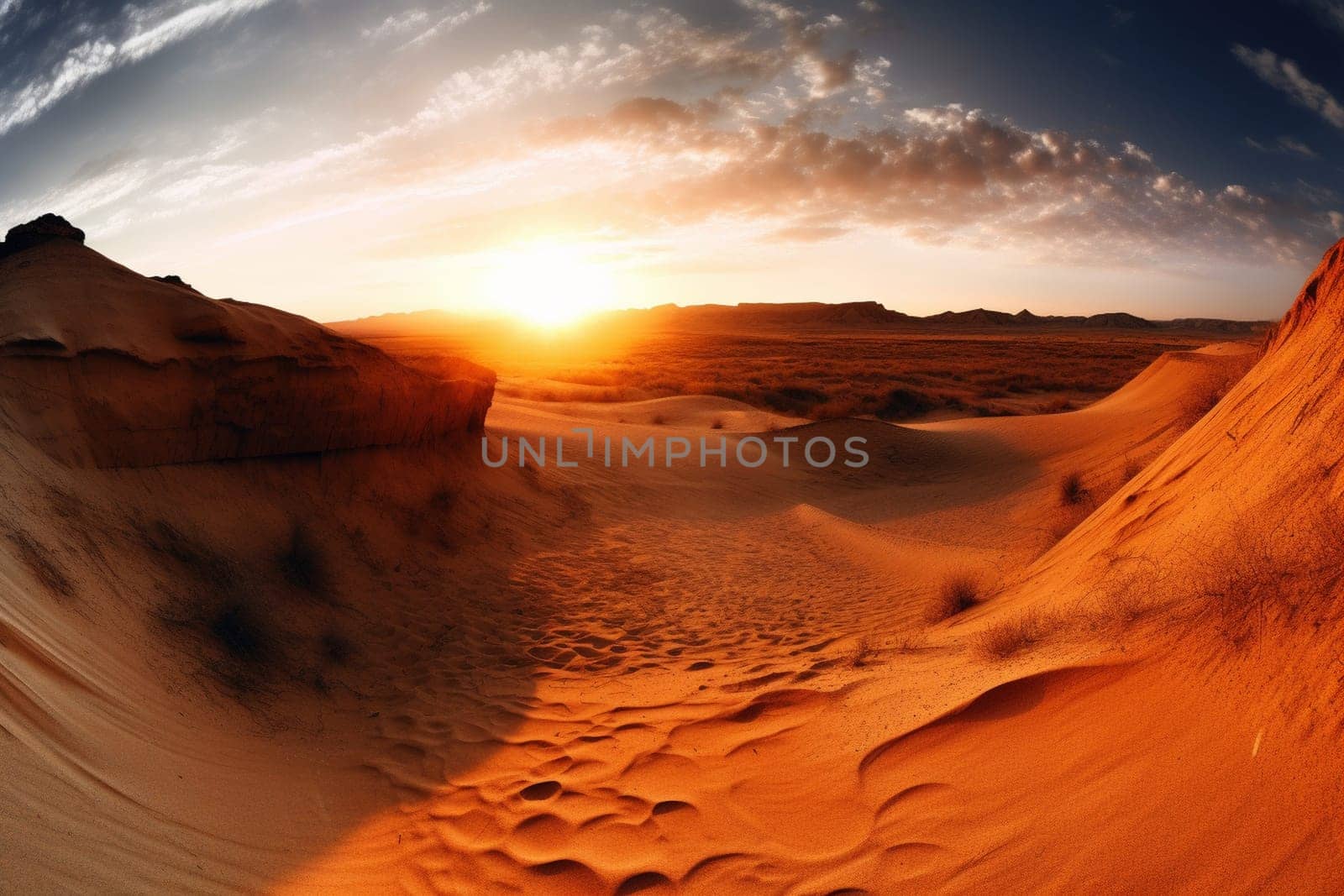 This dramatic desert landscape is a breathtaking sight to behold. The steep cliffs, sand dunes, and fiery sunset create a striking contrast that captures the essence of natural beauty. The panoramic view enables the viewer to feel as if they are truly immersed in the rugged landscape. (generative AI)