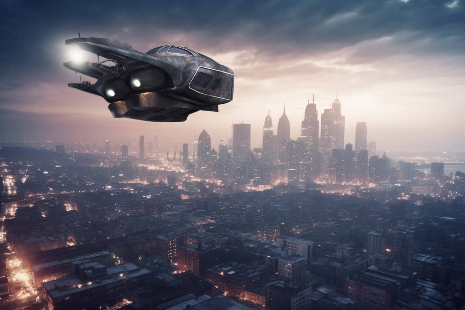 An ultra-modern flying car zips through the sky above a futuristic city skyline, highlighting the incredible advances in transportation technology. The sleek design of the car blends seamlessly with the high-tech aesthetic of the city, creating a truly mesmerizing scene. (generative AI)