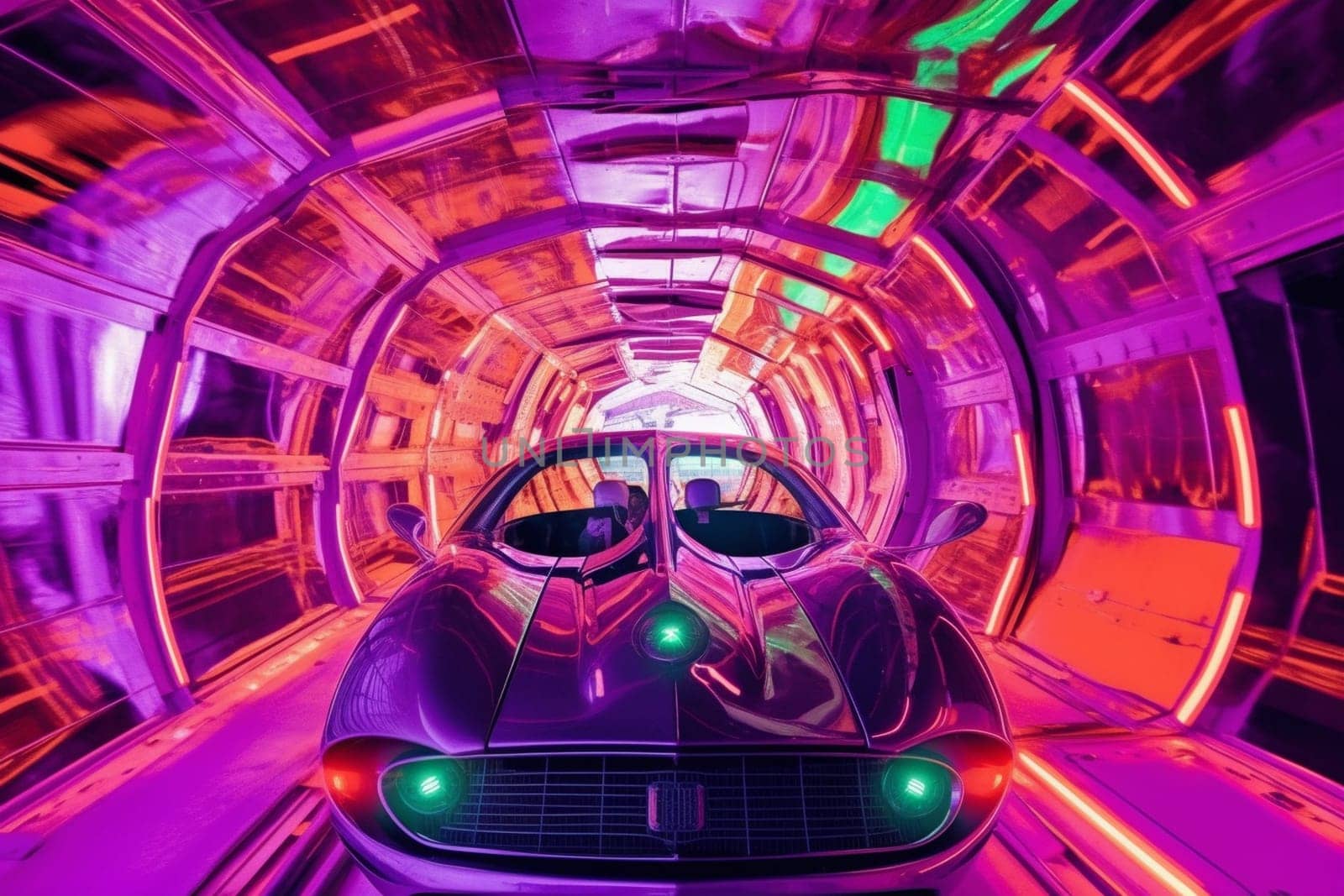 A sleek and trendy flying car zooms down an abstract neon-lit tunnel. The futuristic high-tech design and polished finish of the machine blend perfectly with the neon hues of the tunnel to create an otherworldly ambiance, indicative of a futuristic world. (generative AI)