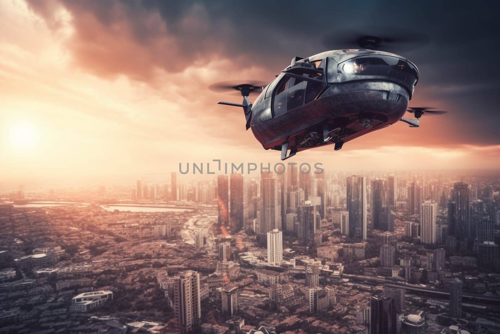 An ultra-modern flying car zips through the sky above a futuristic city skyline, highlighting the incredible advances in transportation technology. The sleek design of the car blends seamlessly with the high-tech aesthetic of the city, creating a truly mesmerizing scene. (generative AI)