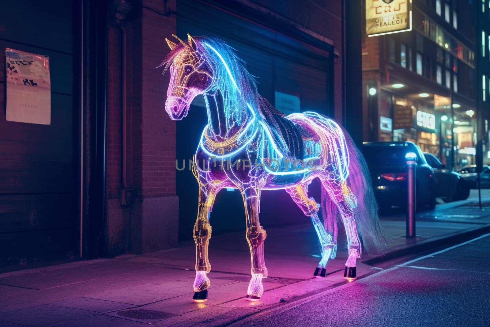 Unicorns are legendary magical creatures that symbolize purity and grace. In this futuristic scene, a glowing unicorn can be seen standing majestically on a cyber-punk city street, creating an imposing and regal ambiance. The sharp focus and glowing effects add to the futuristic feeling of the scene. (generative AI)